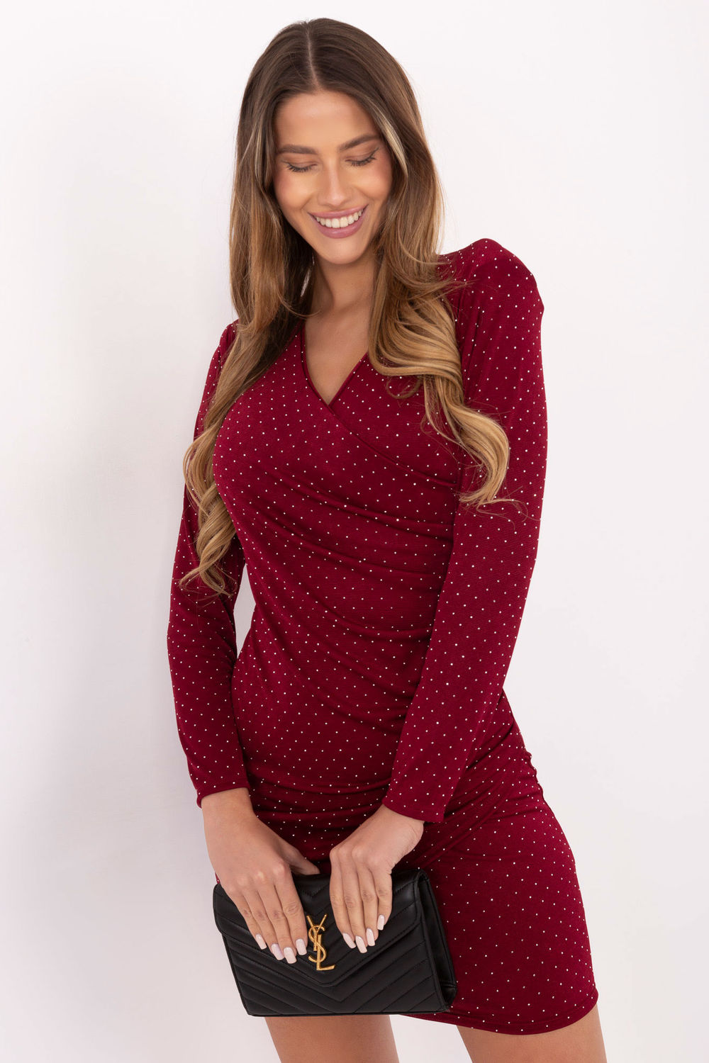 Italy Moda Burgundy Wrap Long Sleeve Mini Dress