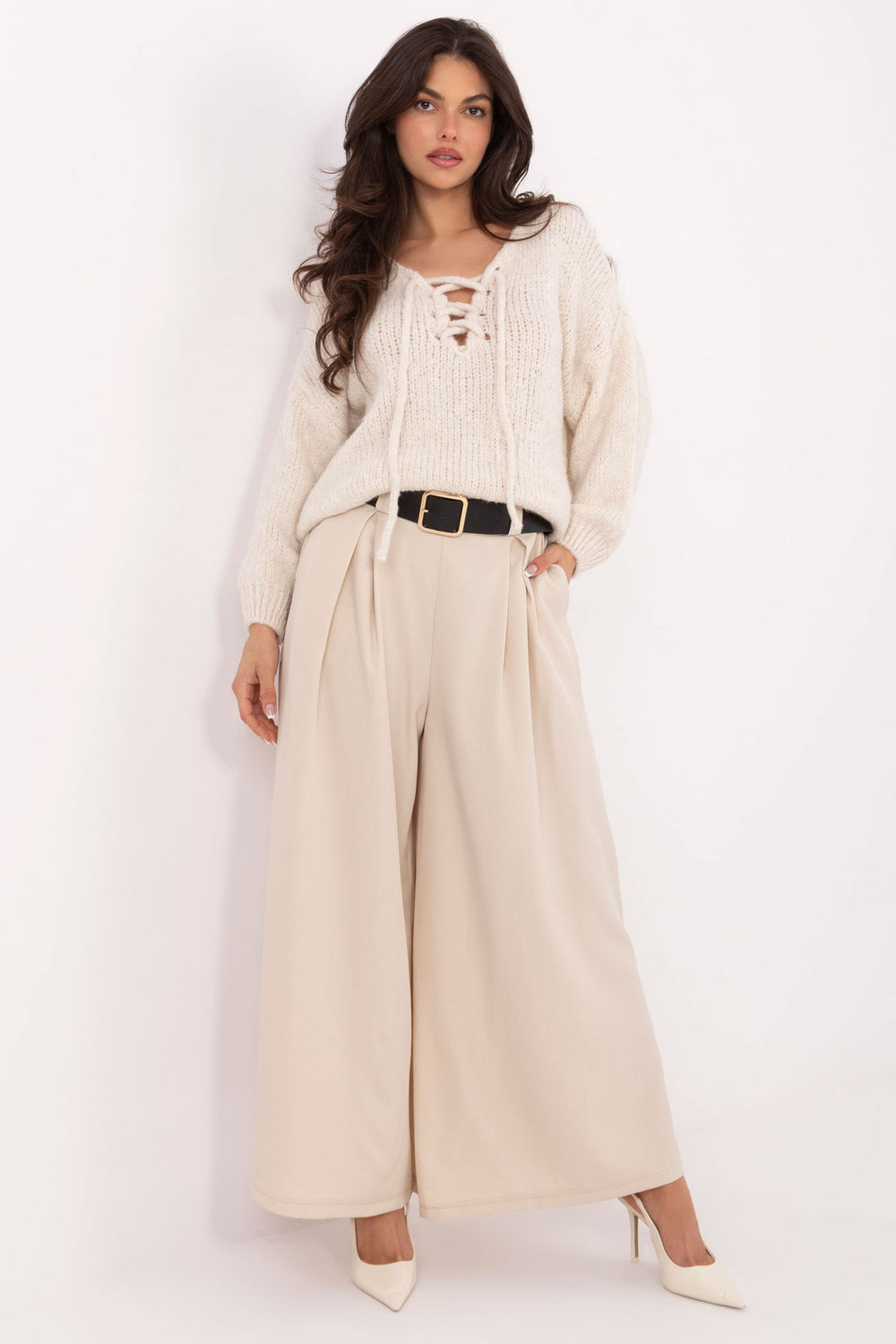 Italy Moda Light Beige Pleated High Waisted Trousers