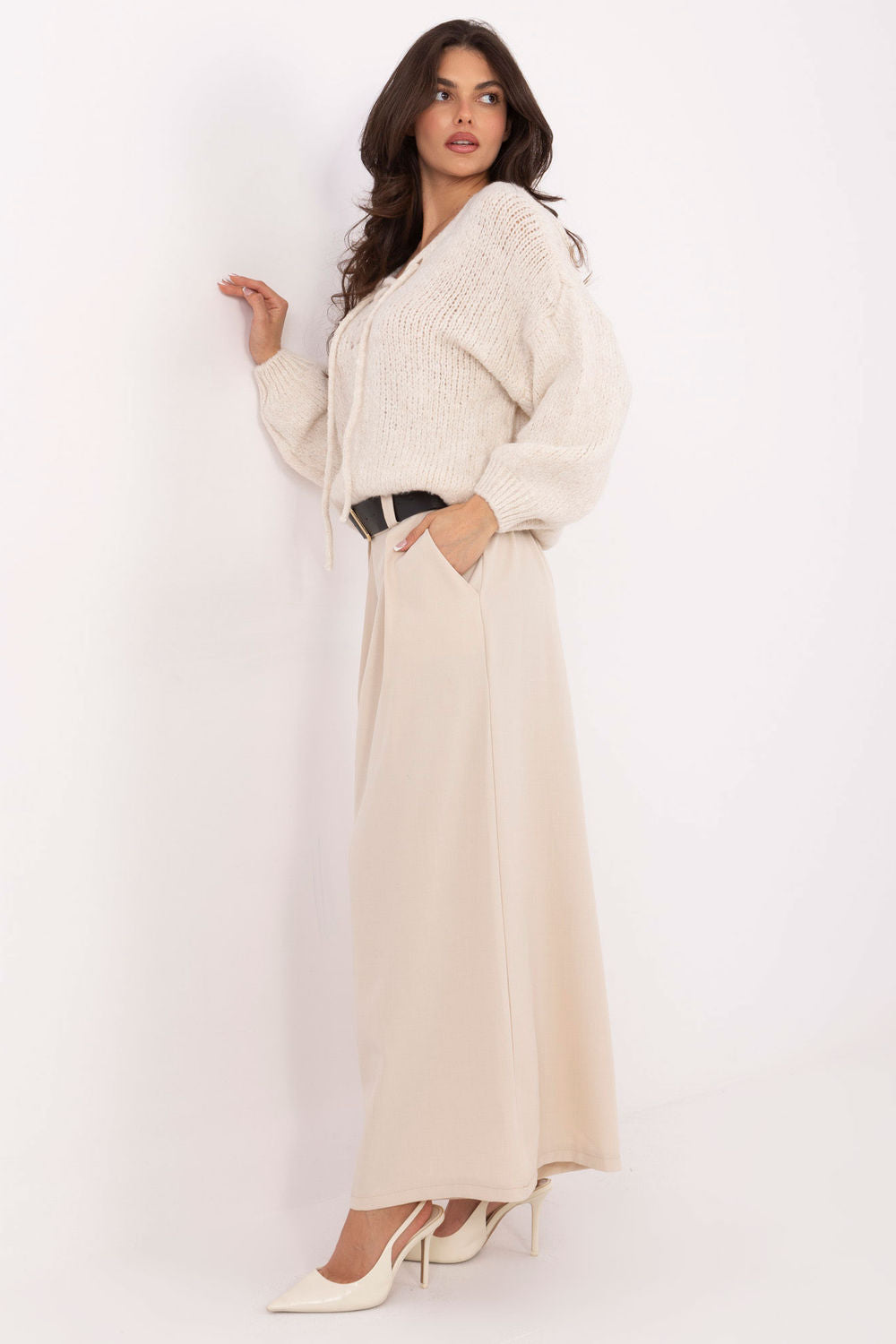 Italy Moda Light Beige Pleated High Waisted Trousers - view 2