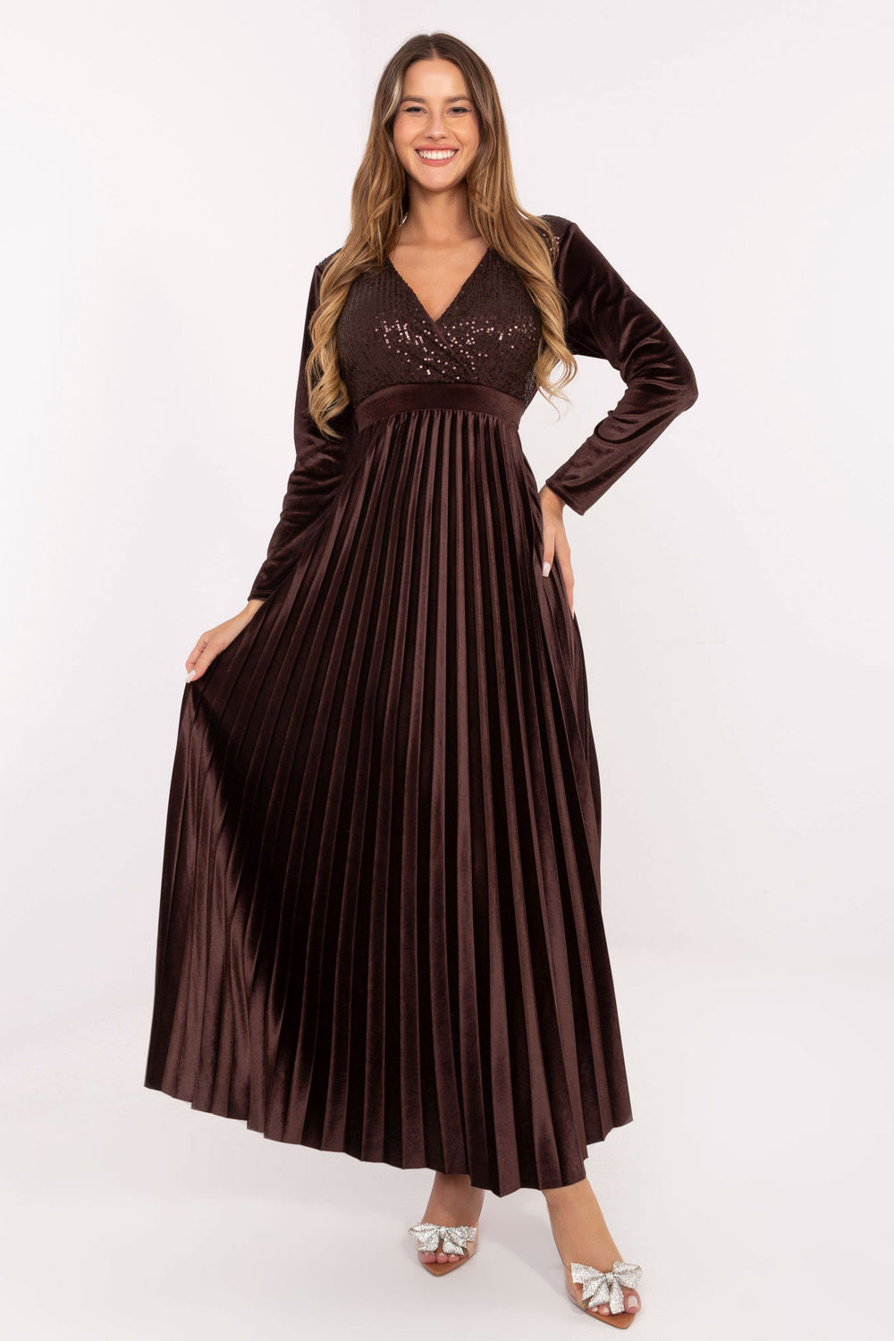 Italy Moda Dark Brown Sequin Wrap Maxi Dress