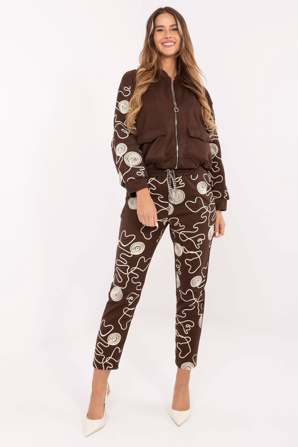 Italy Moda Brown Stand Collar High Waisted Long Sleeve Co-Ord Set