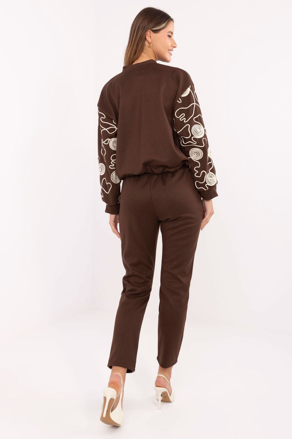 Italy Moda Brown Stand Collar High Waisted Long Sleeve Co-Ord Set - view 3