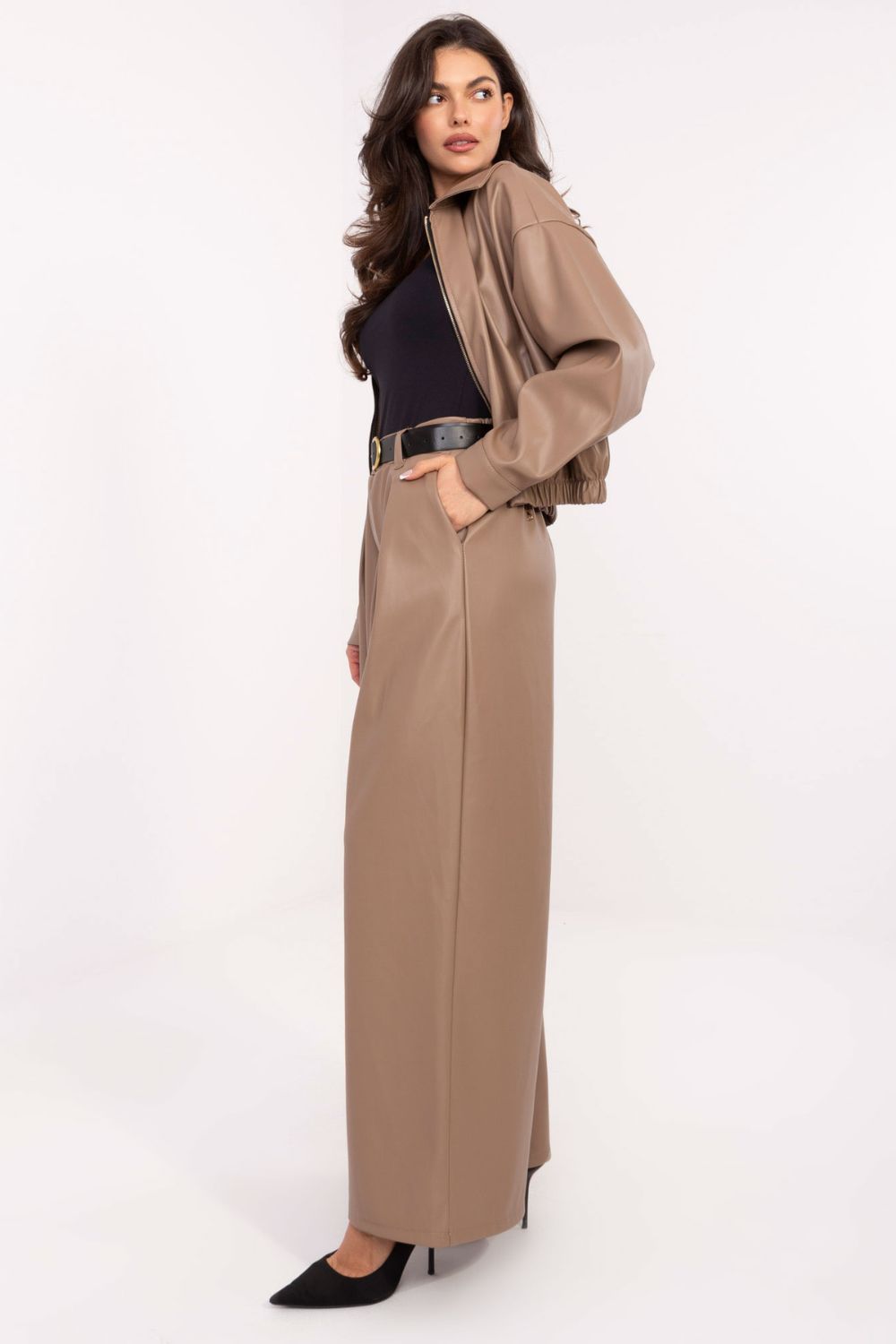 Rue Paris Dark Beige Faux Leather Wide Leg Trousers - view 3