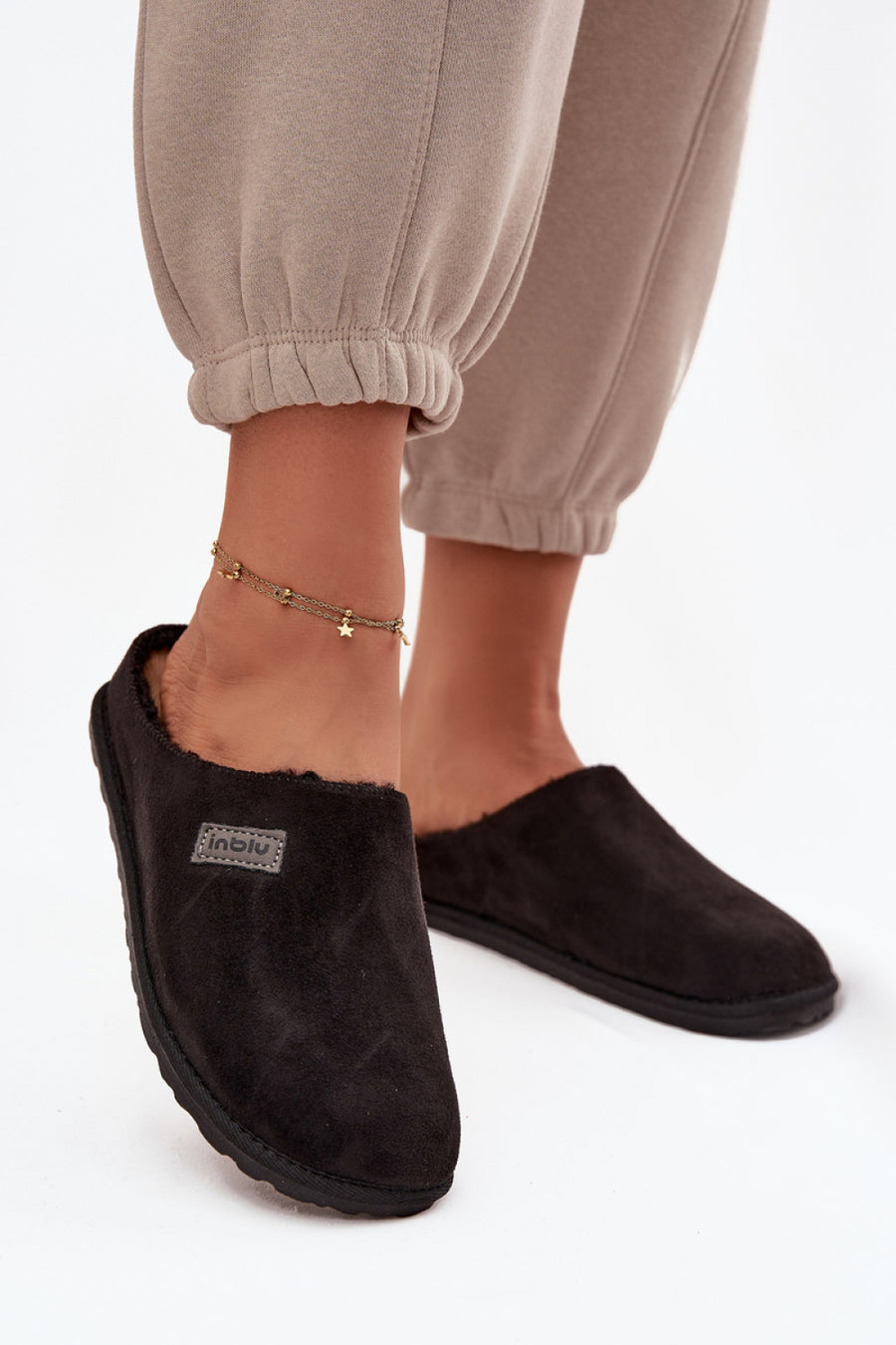 Step In Style Inblu Black Leather Warm Lined Slippers