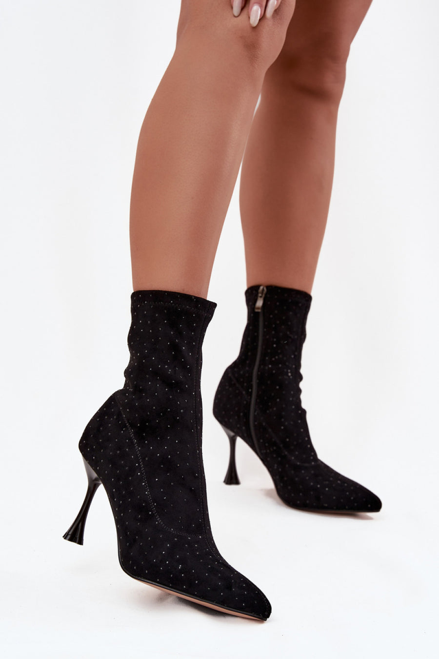 Step In Style Black Faux Suede Stiletto Heeled Ankle Boots with Zip
