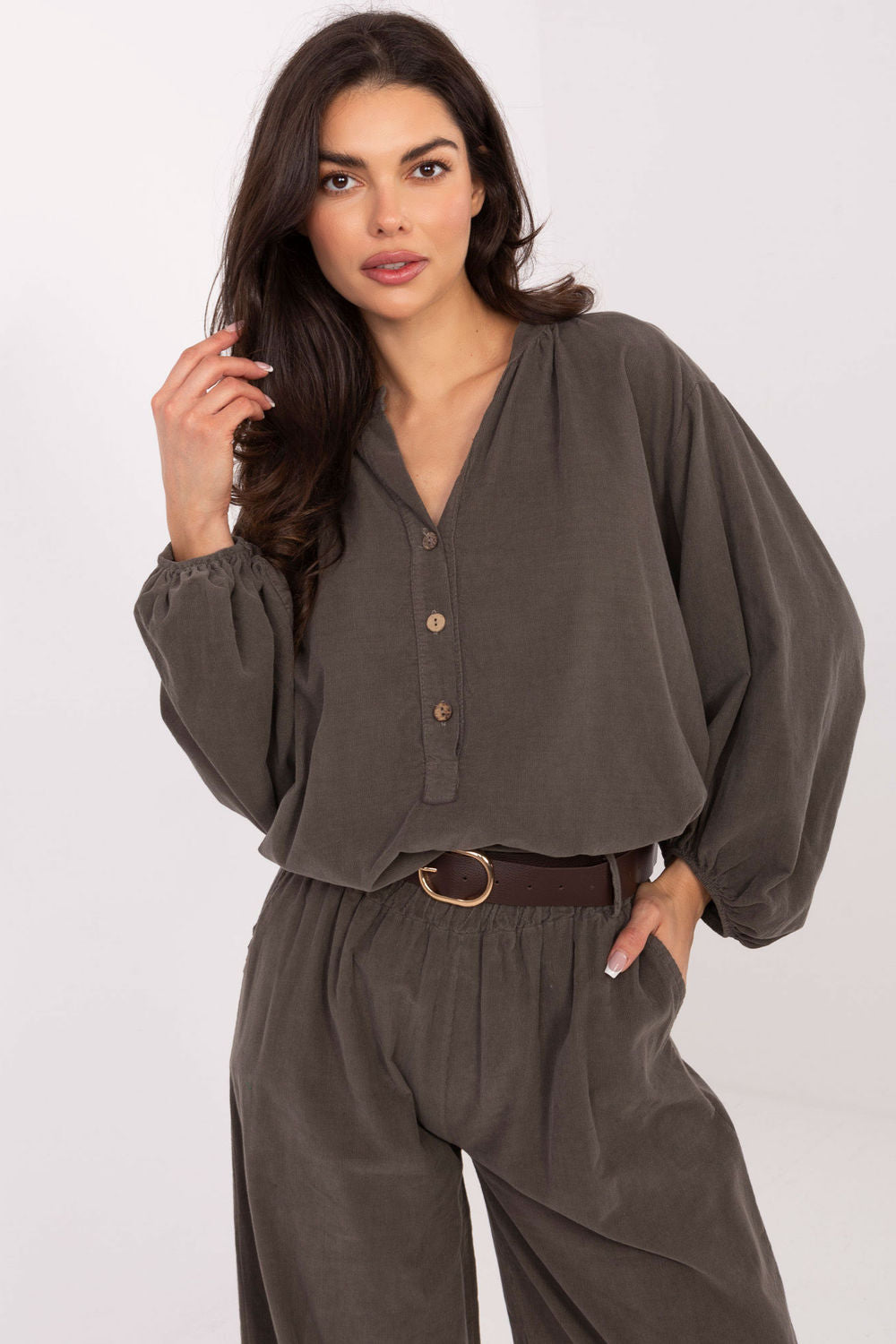 Italy Moda Dark Khaki Puff Sleeve Blouse
