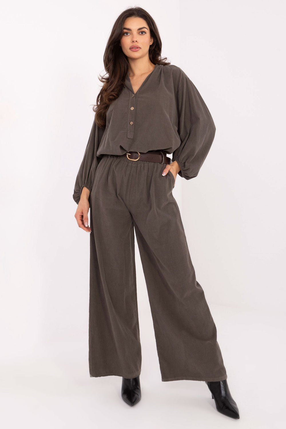 Italy Moda Dark Khaki Puff Sleeve Blouse - view 2
