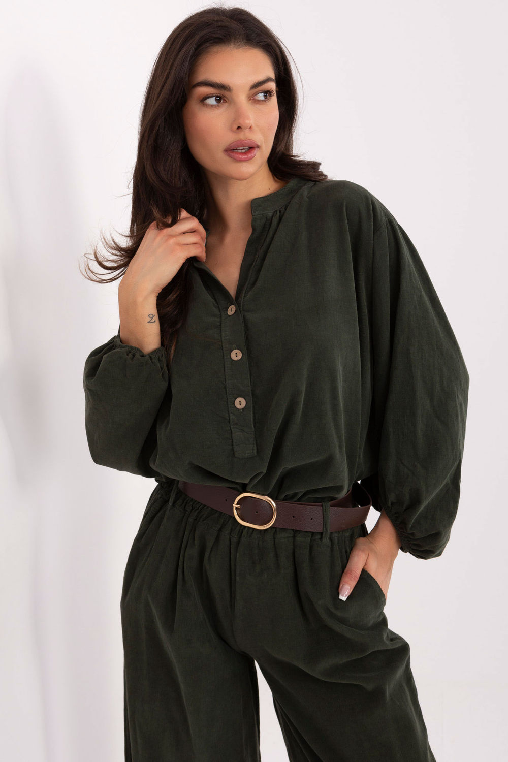 Italy Moda Khaki Puff Sleeve Blouse