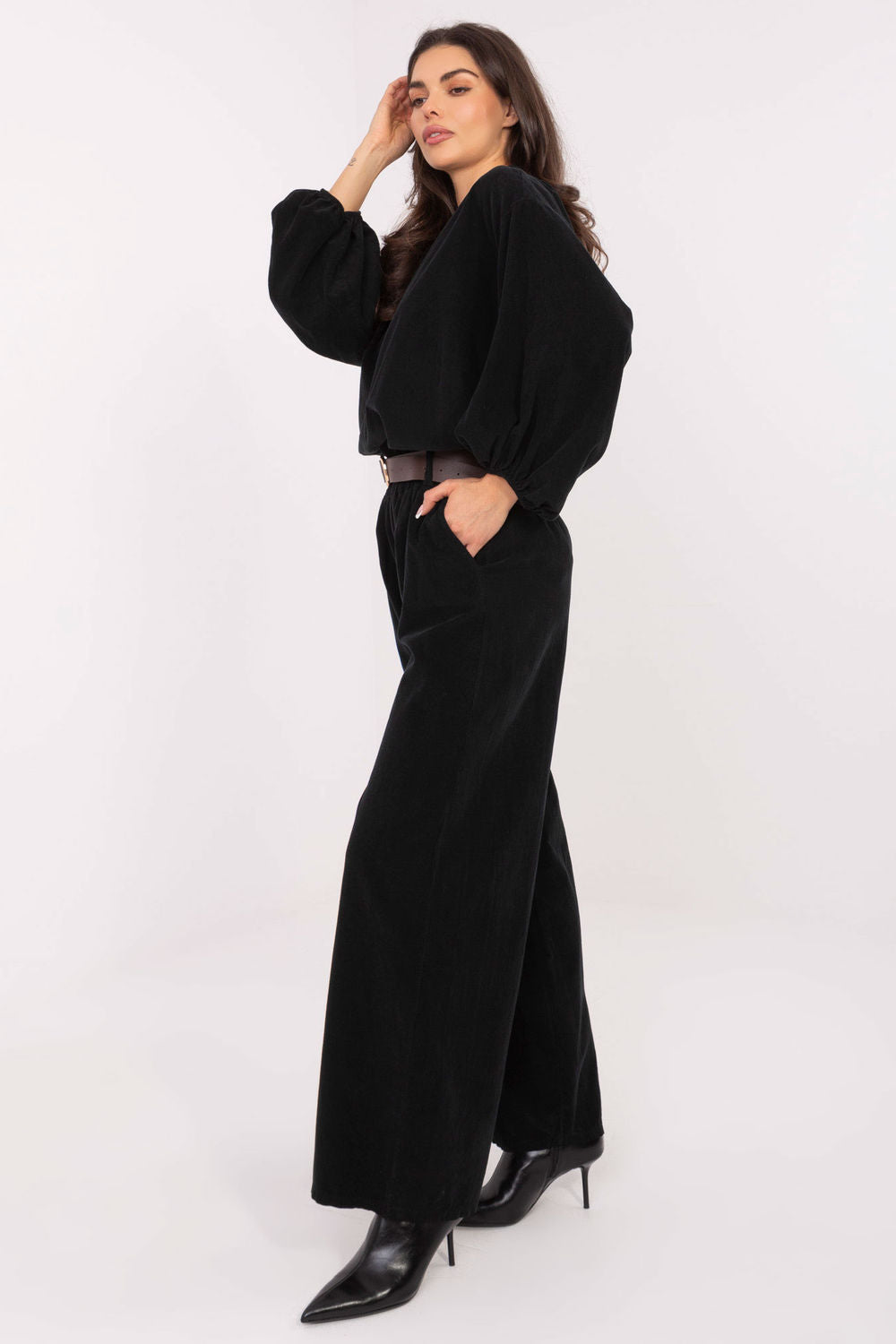 Italy Moda Black Wide Leg High Waisted Corduroy Trousers - view 2