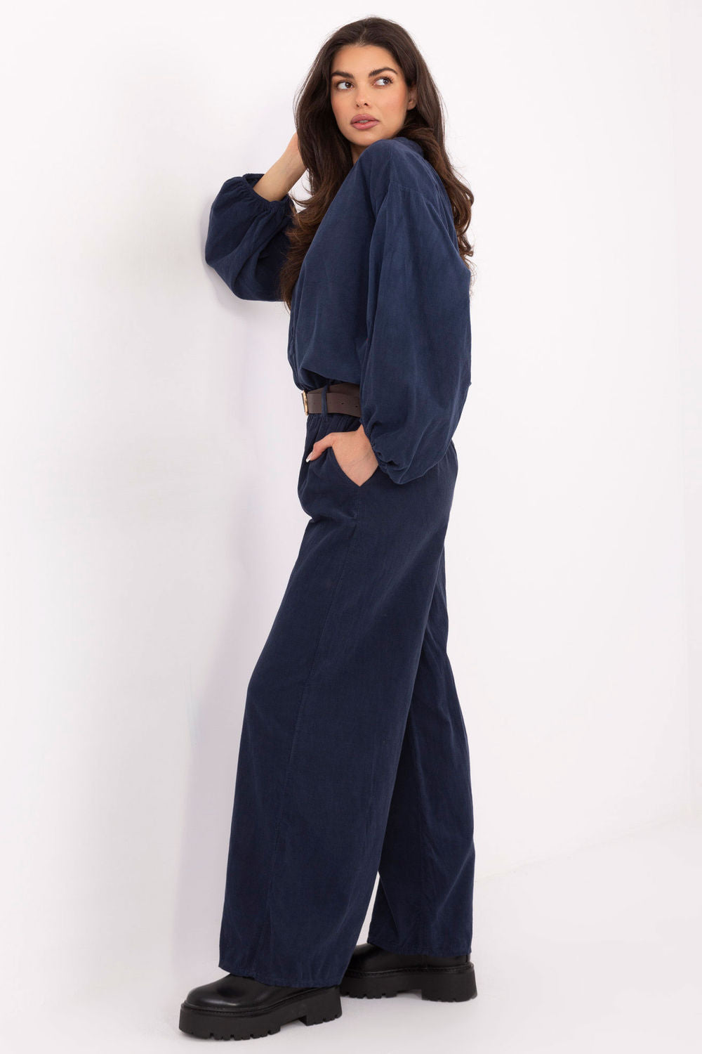Italy Moda Navy Wide Leg High Waisted Corduroy Trousers - view 2