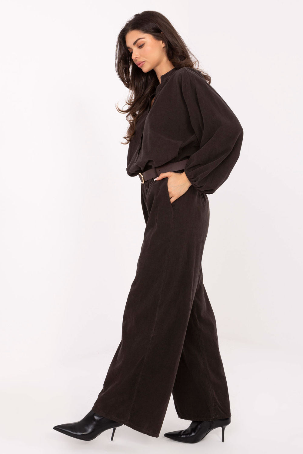 Italy Moda Dark Brown Wide Leg High Waisted Corduroy Trousers - view 2