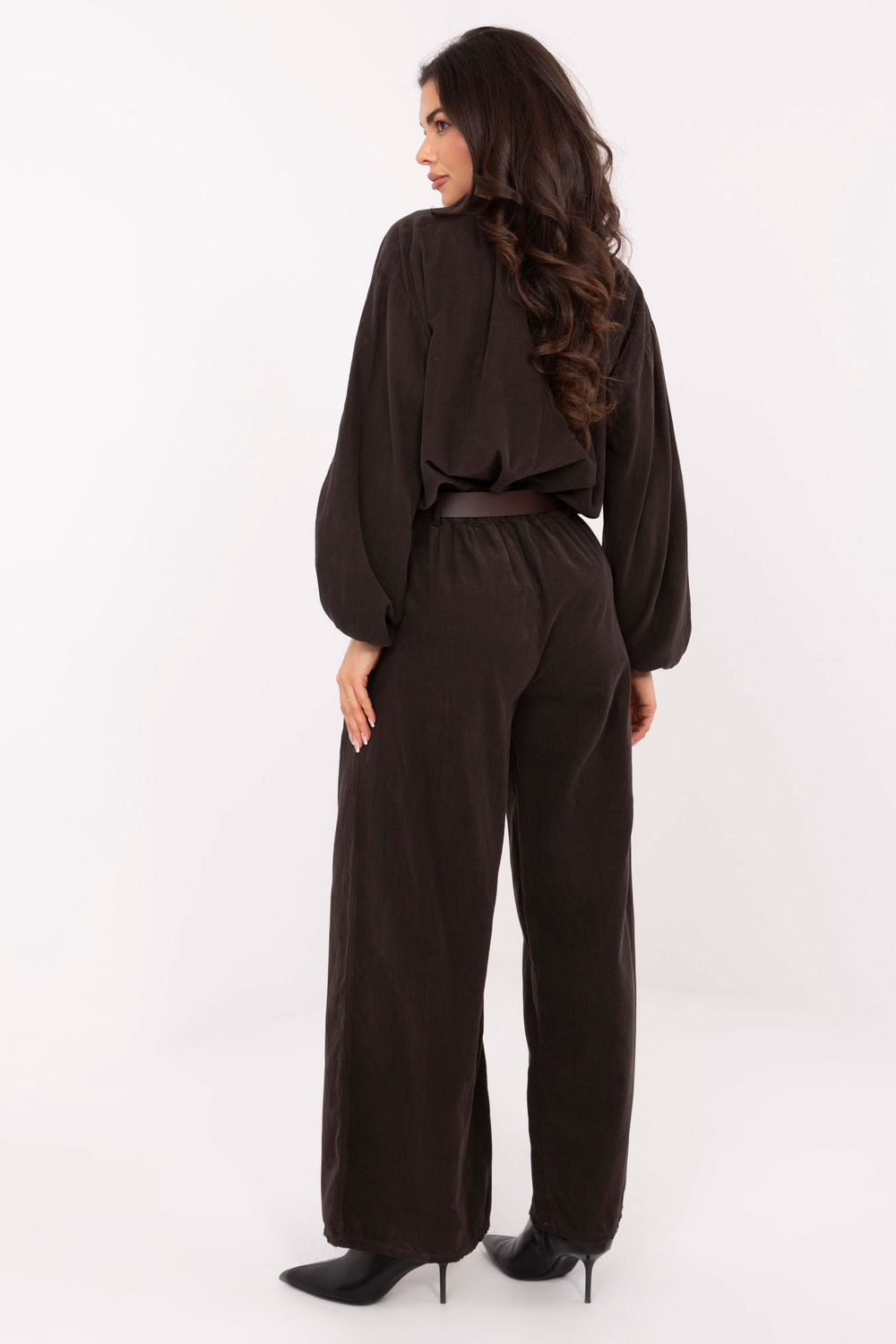 Italy Moda Dark Brown Wide Leg High Waisted Corduroy Trousers - view 3
