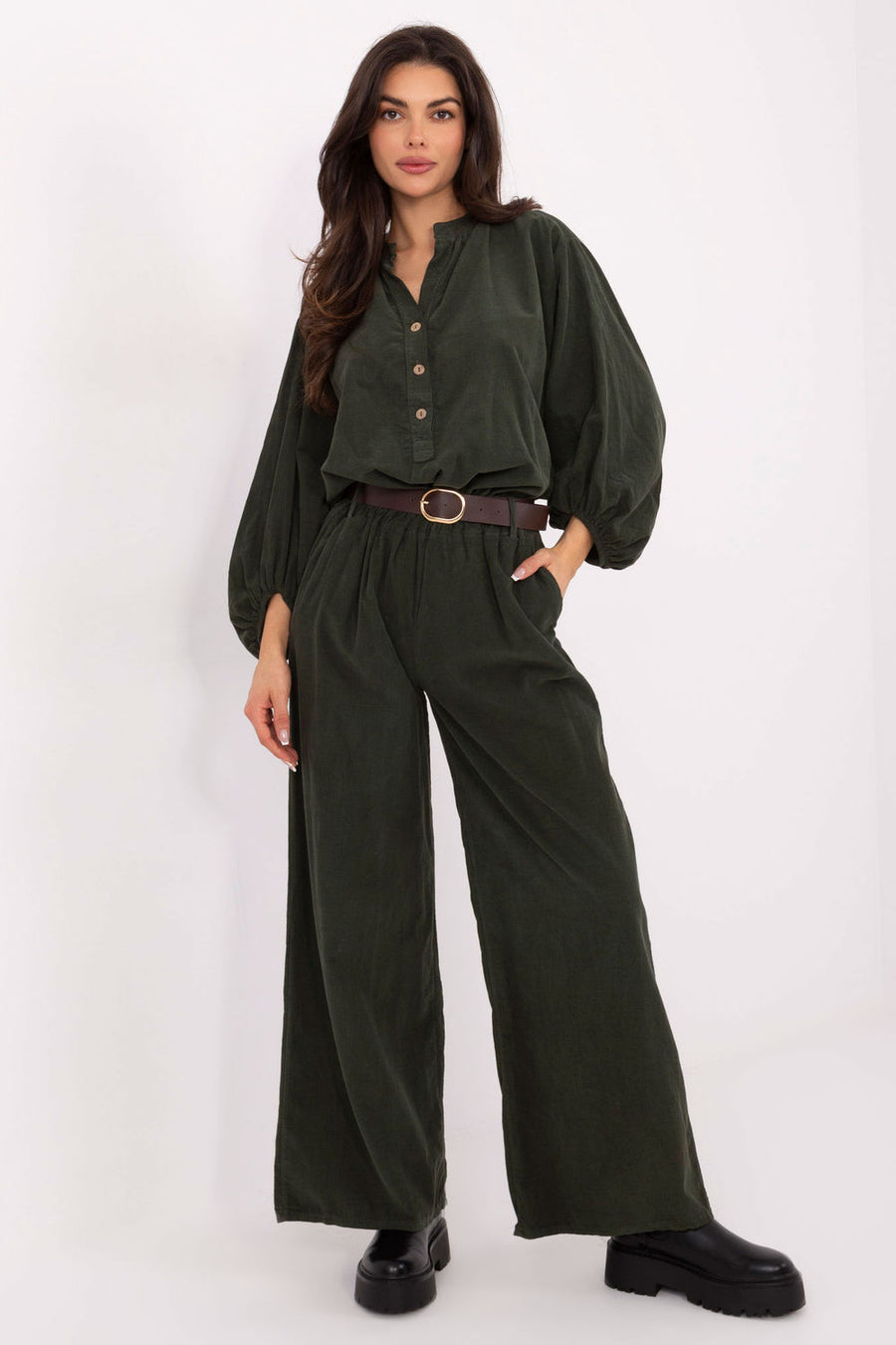 Italy Moda Khaki Wide Leg High Waisted Corduroy Trousers