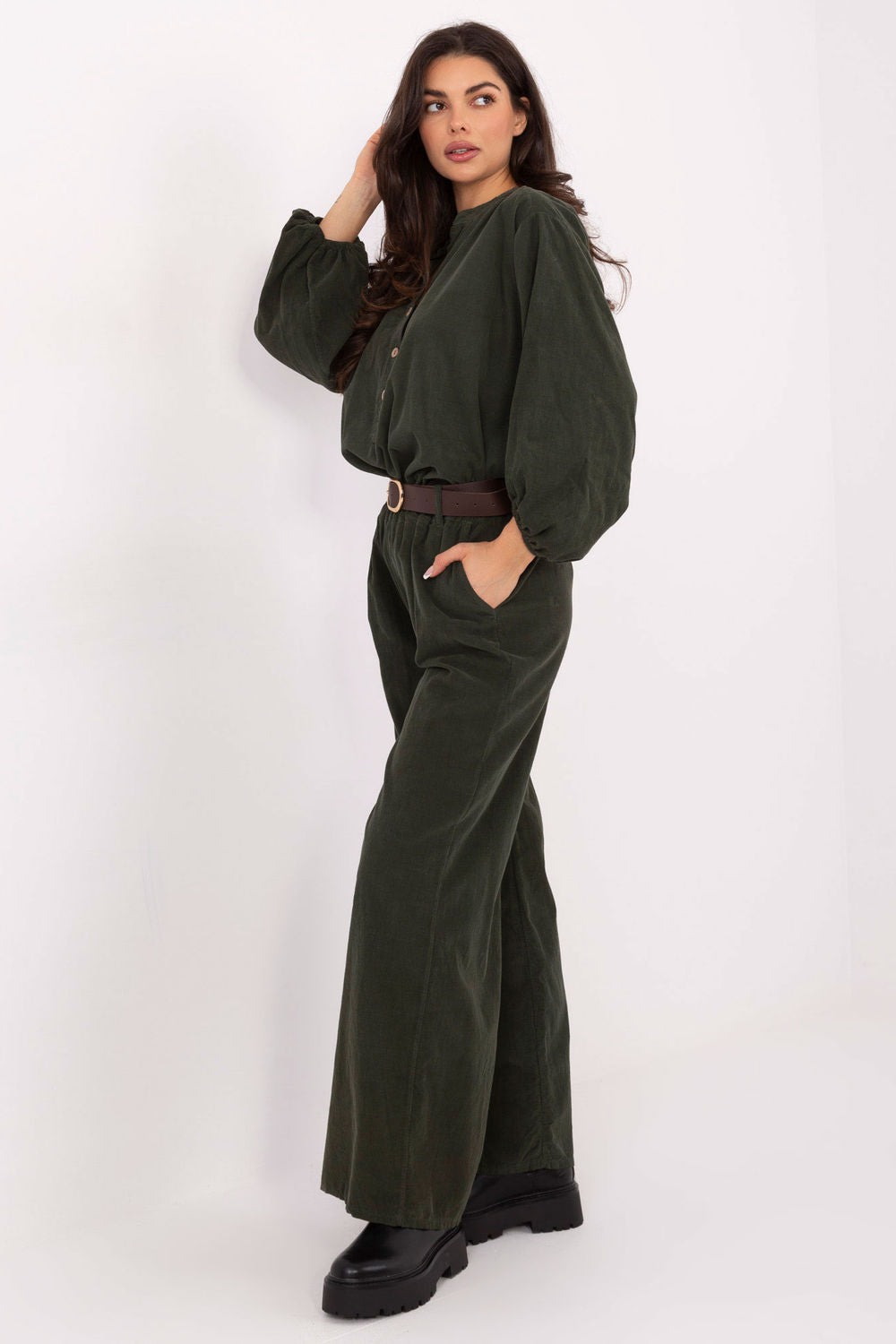 Italy Moda Khaki Wide Leg High Waisted Corduroy Trousers - view 2