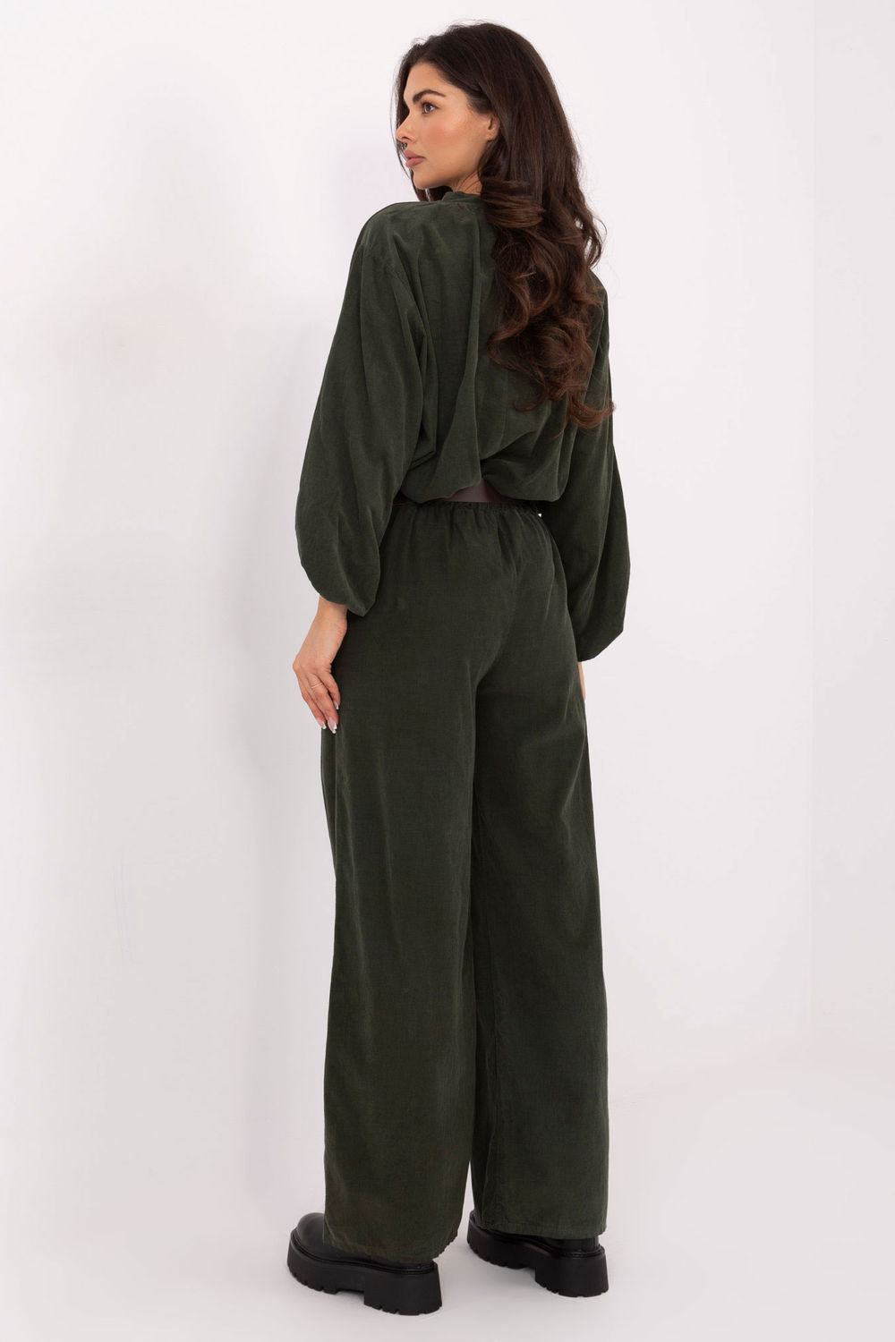 Italy Moda Khaki Wide Leg High Waisted Corduroy Trousers - view 3