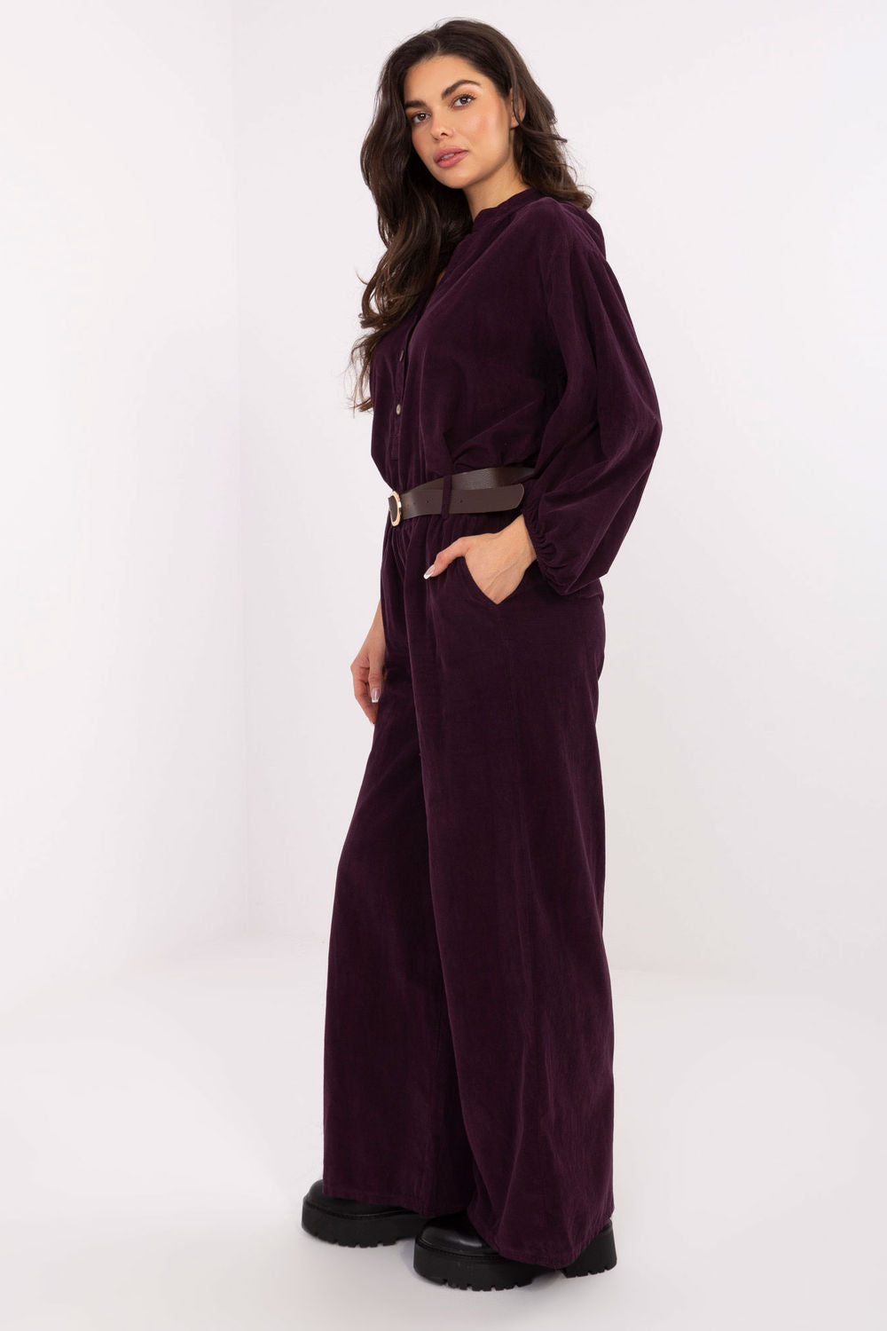 Italy Moda Dark Violet Wide Leg High Waisted Corduroy Trousers - view 2