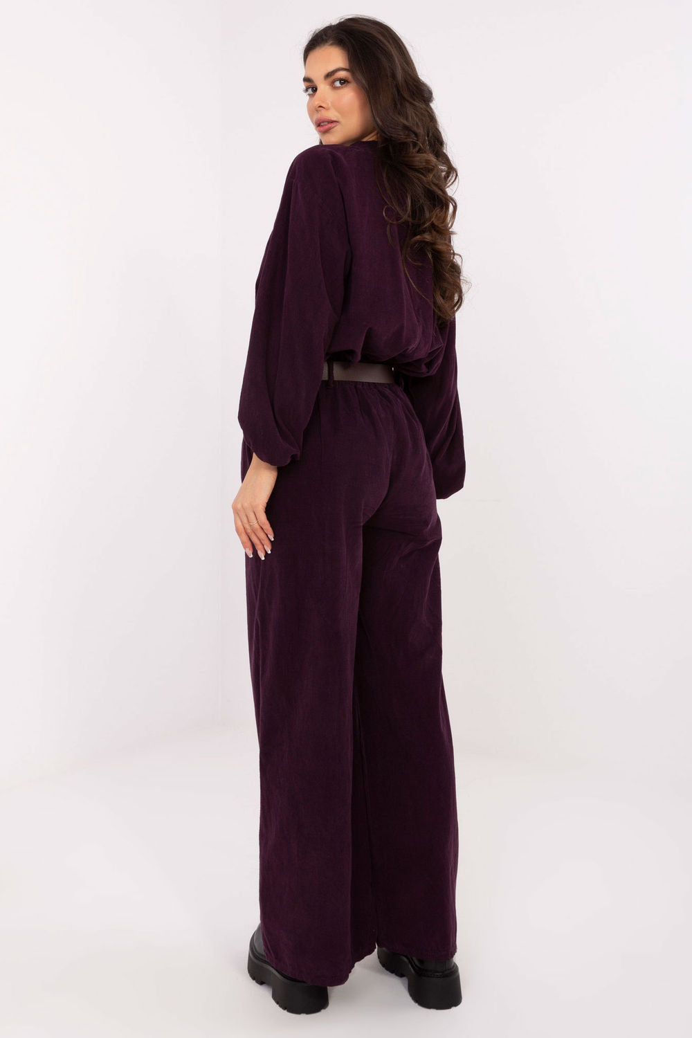 Italy Moda Dark Violet Wide Leg High Waisted Corduroy Trousers - view 3