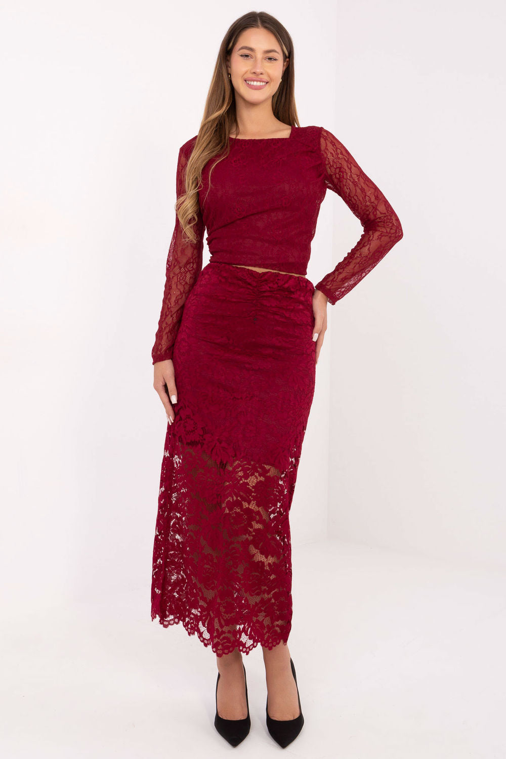 Italy Moda Burgundy Openwork Midi Lace Skirt