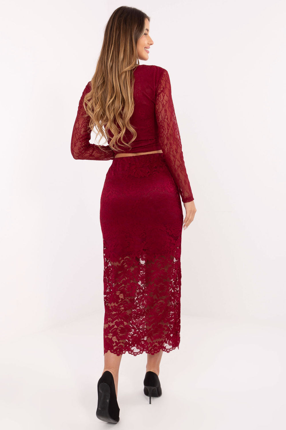 Italy Moda Burgundy Openwork Midi Lace Skirt - view 3