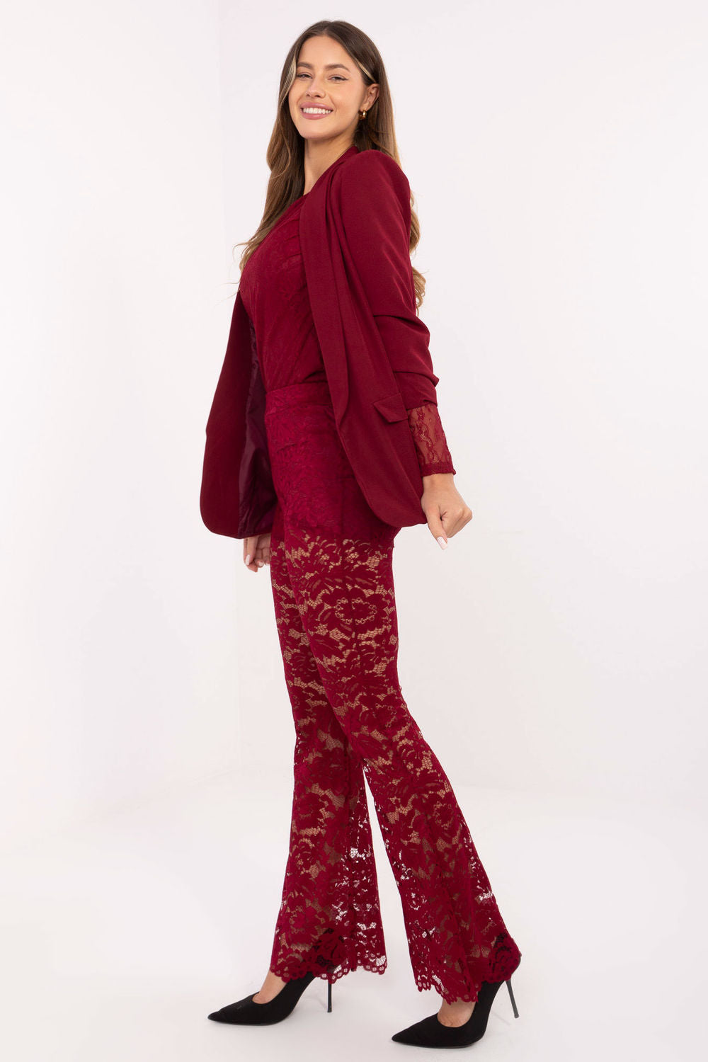 Italy Moda Burgundy High Waisted Lace Trousers - view 2