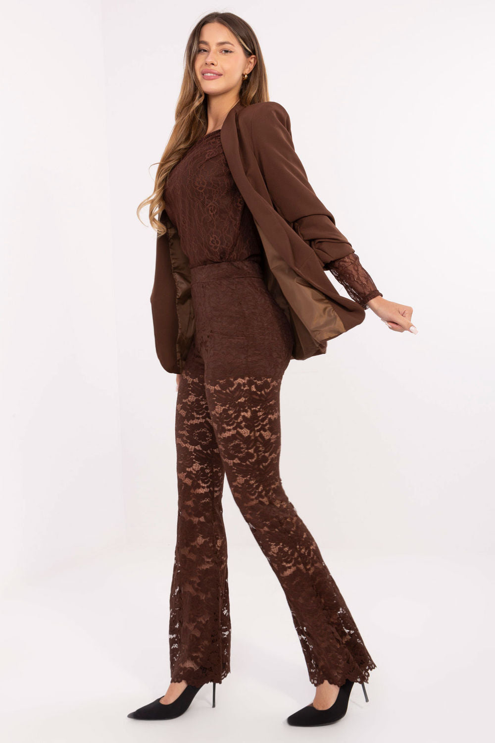Italy Moda Brown High Waisted Lace Trousers - view 2