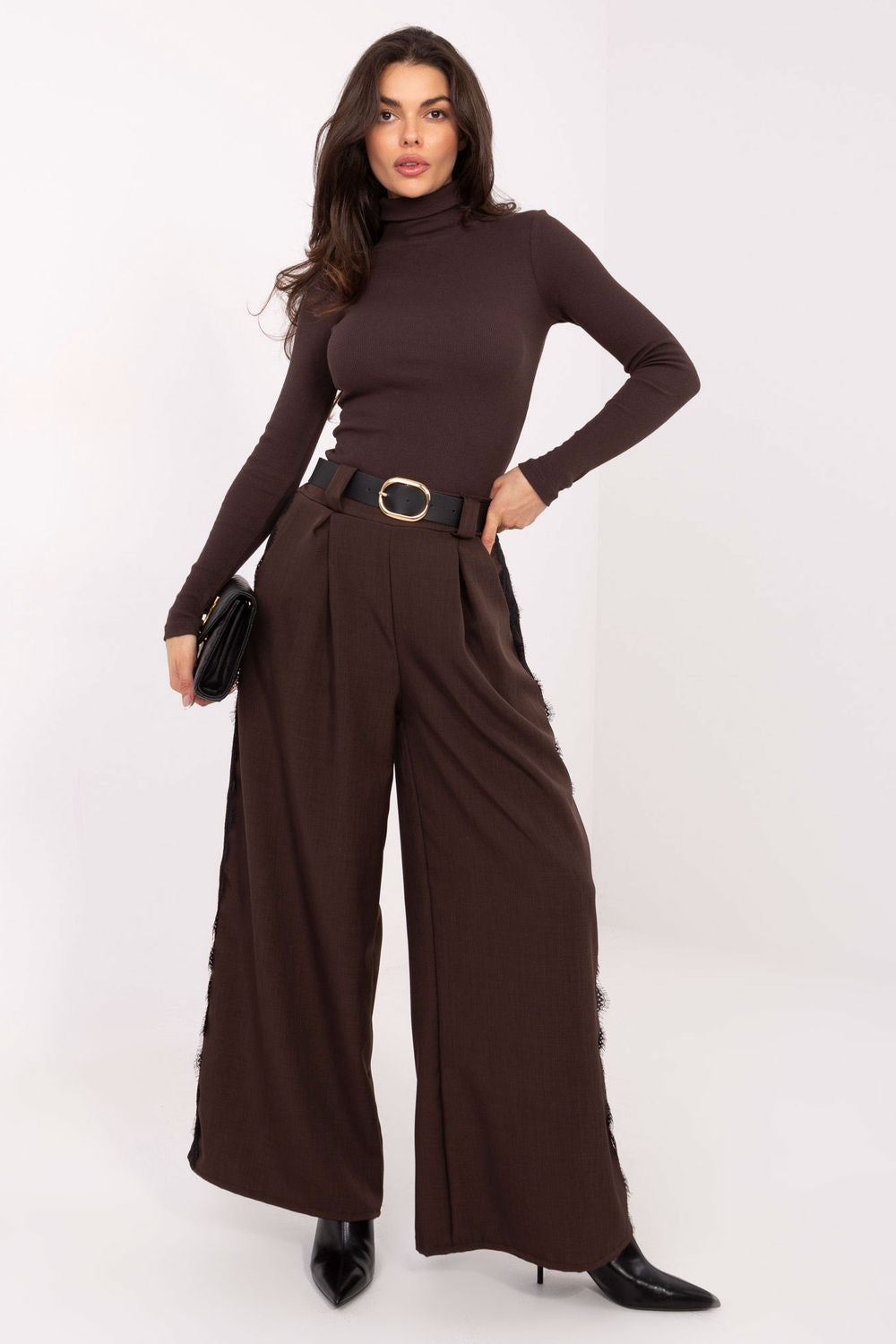 Rue Paris Dark Brown Bodycon Cotton Roll Neck Jumper - view 2