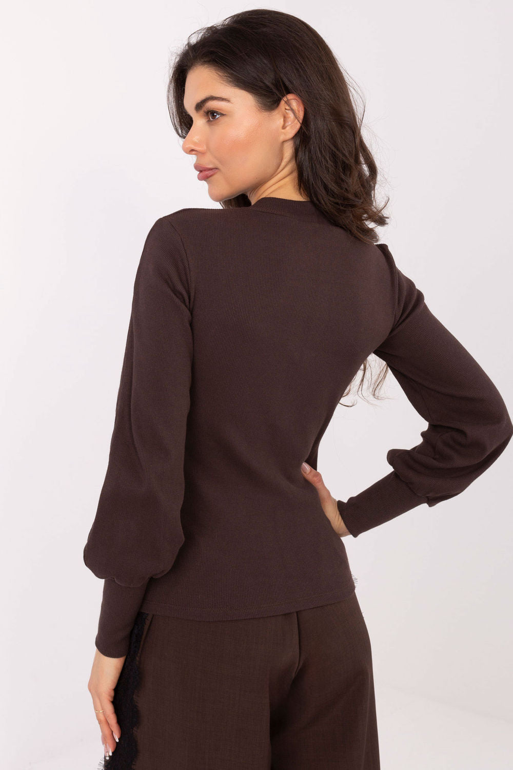 Rue Paris Dark Brown Long Sleeve Cotton Blouse - view 3