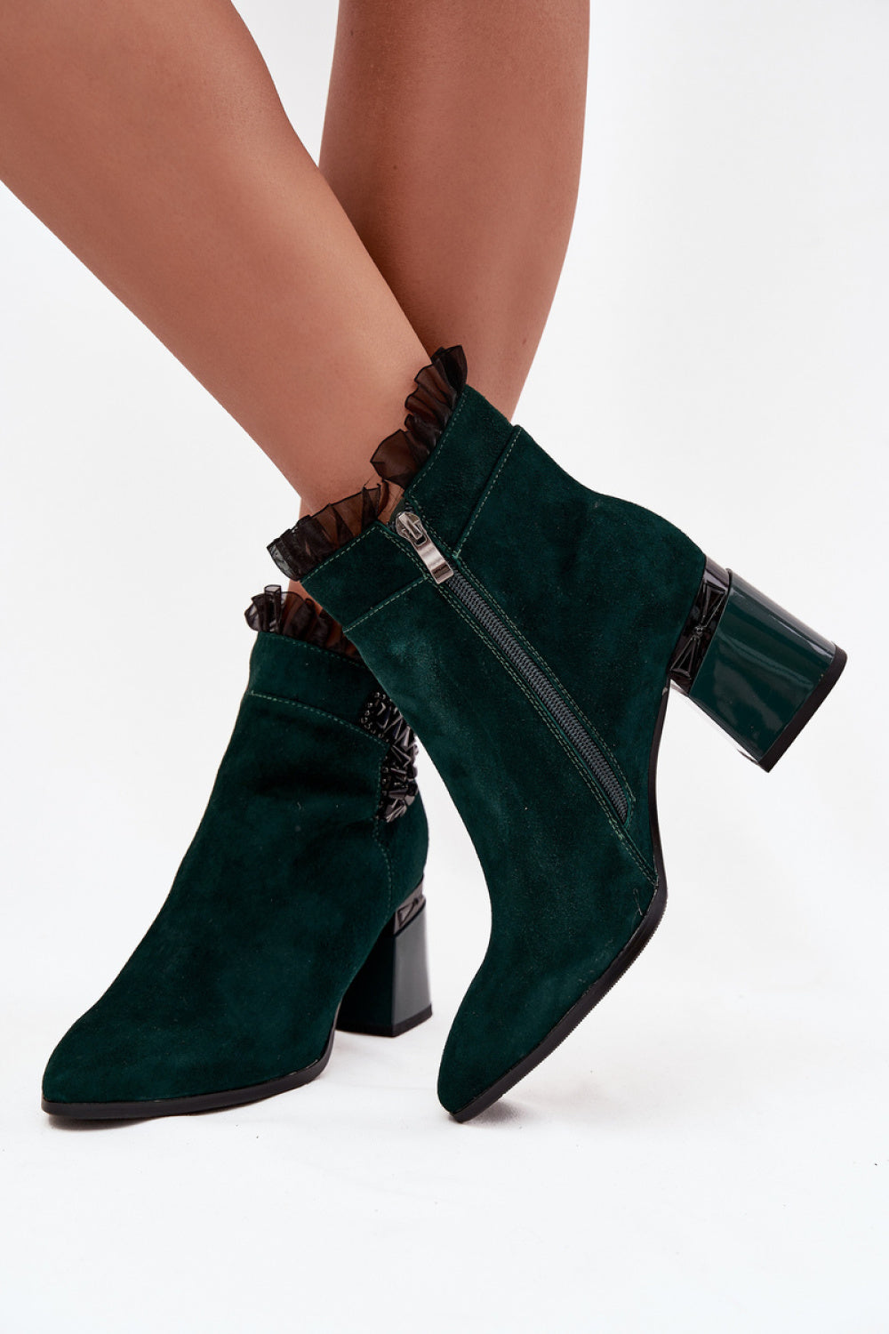 Step In Style Bottle Green Mesh Warm Lined Heeled Ankle Boots