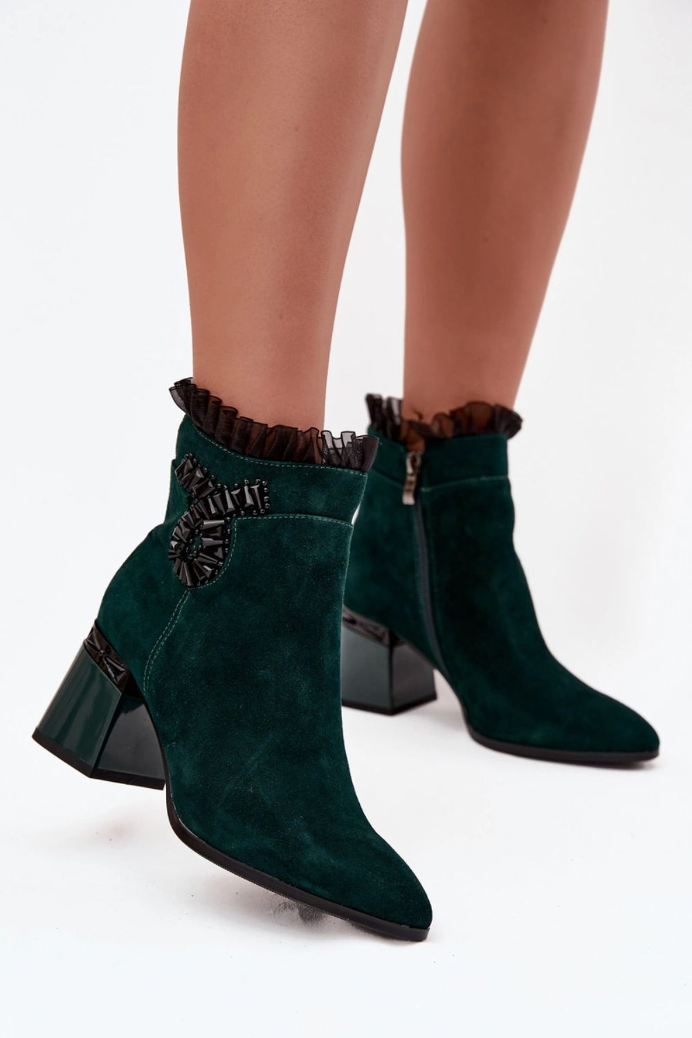 Step In Style Bottle Green Mesh Warm Lined Heeled Ankle Boots - view 3