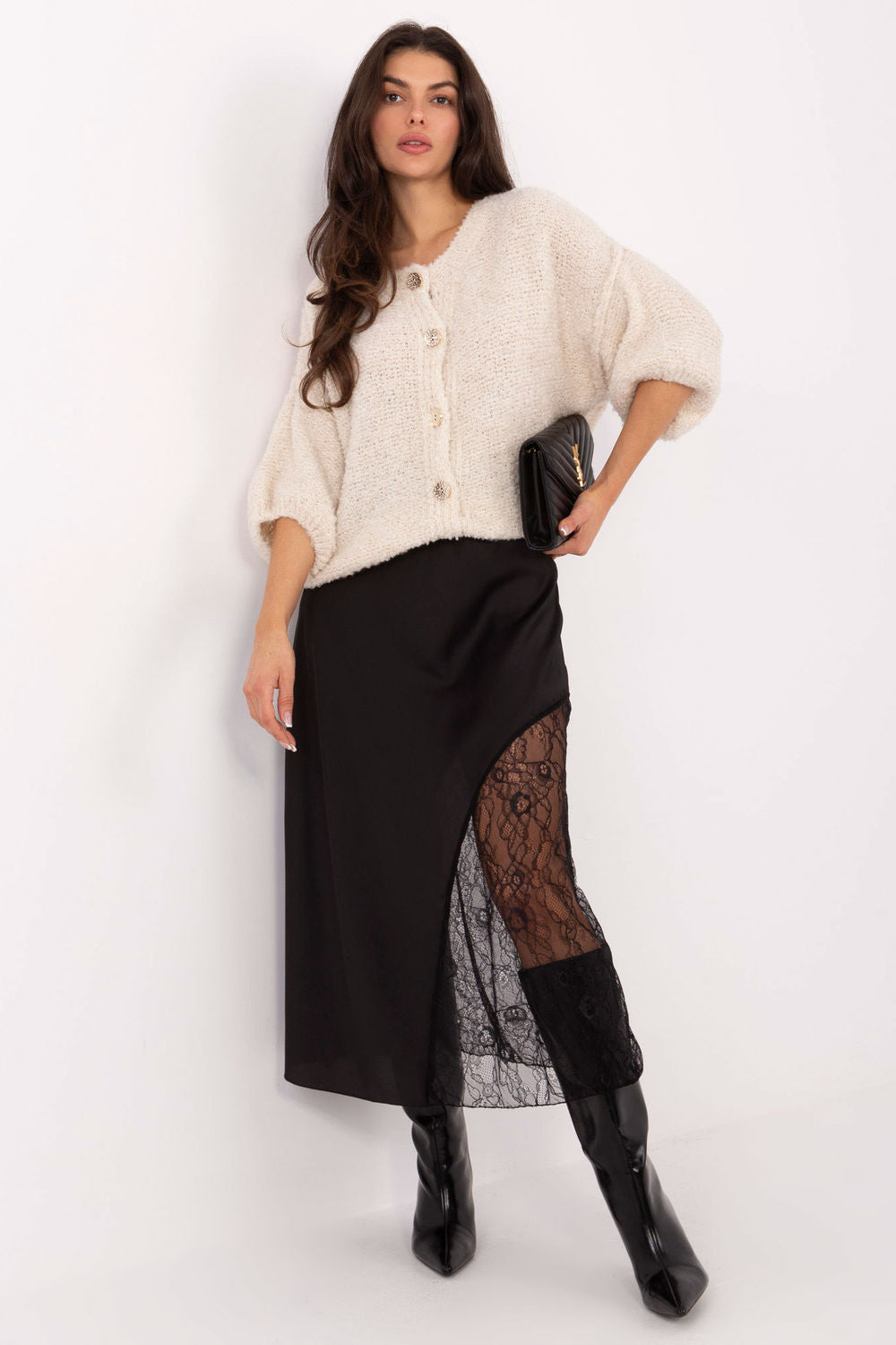 Rue Paris Black Flared Midi Lace Skirt