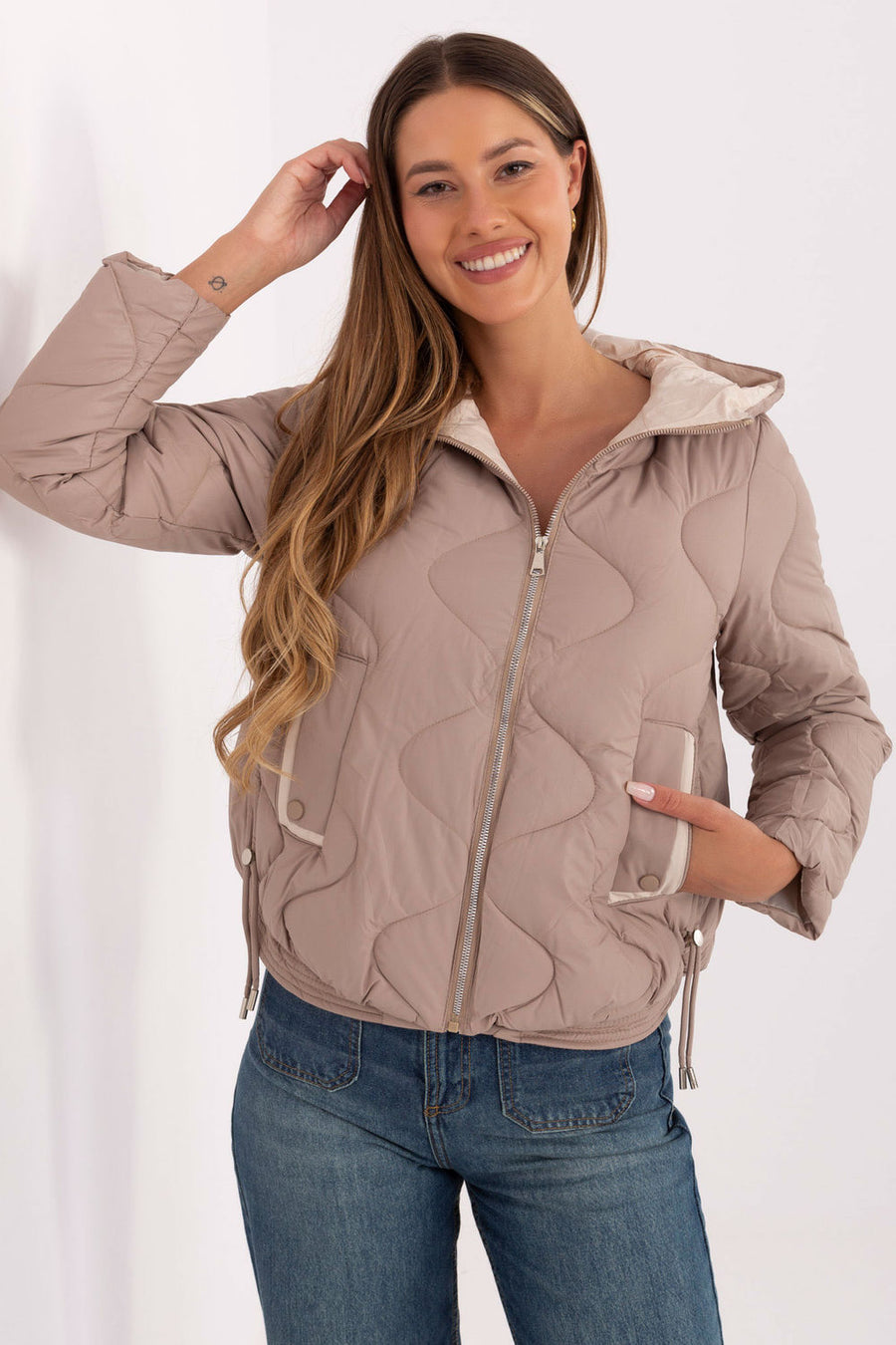 Factory Price Dark Beige Polyester Hooded Zip Up Jacket