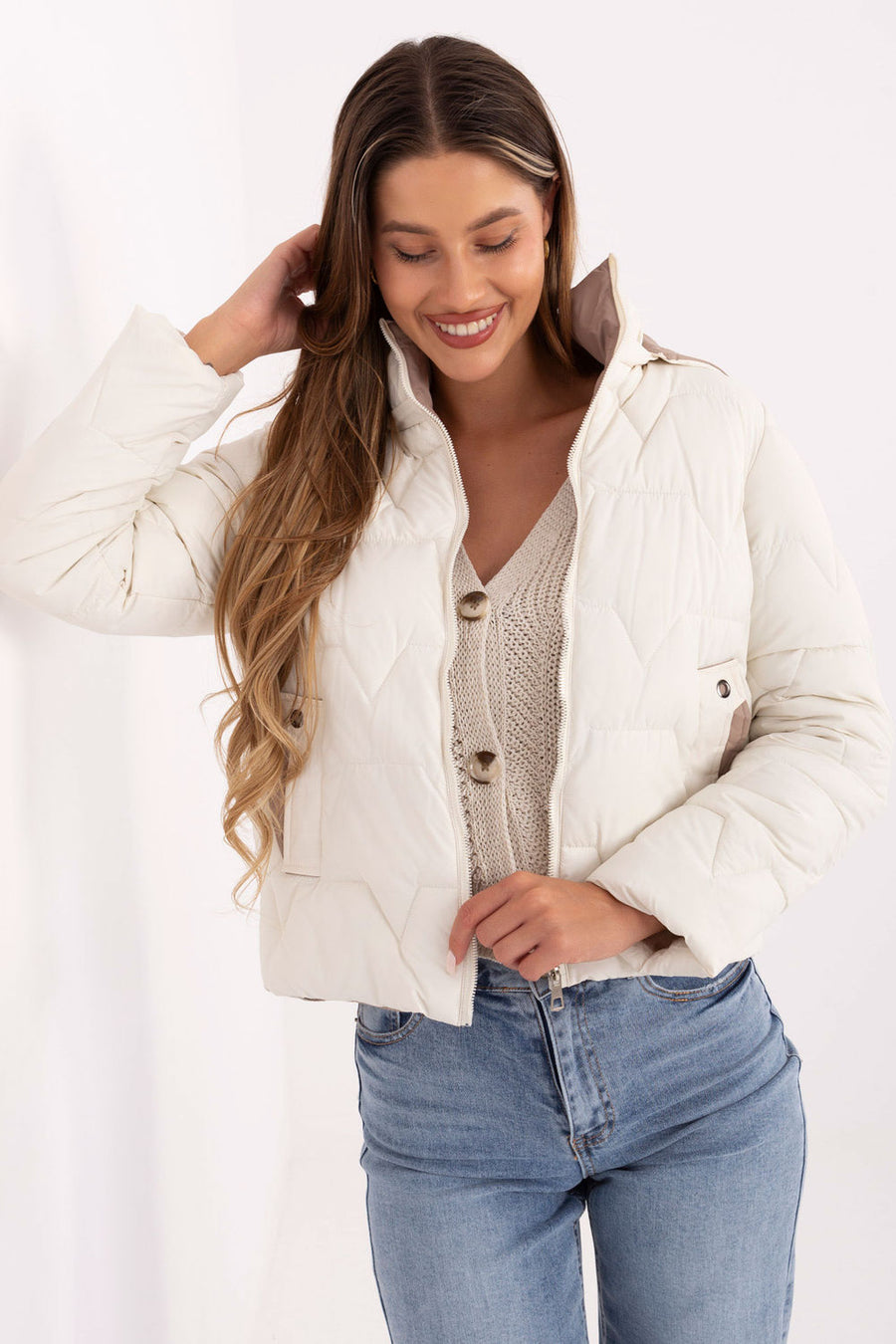 Factory Price Ecru Hooded Zip Up Jacket with Pockets