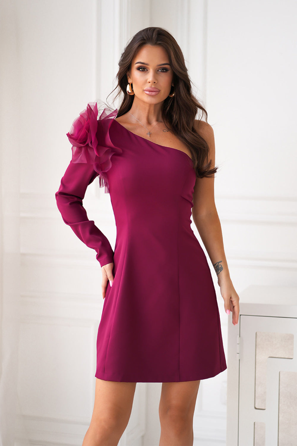 Bicotone Burgundy Mini Floral Evening Dress