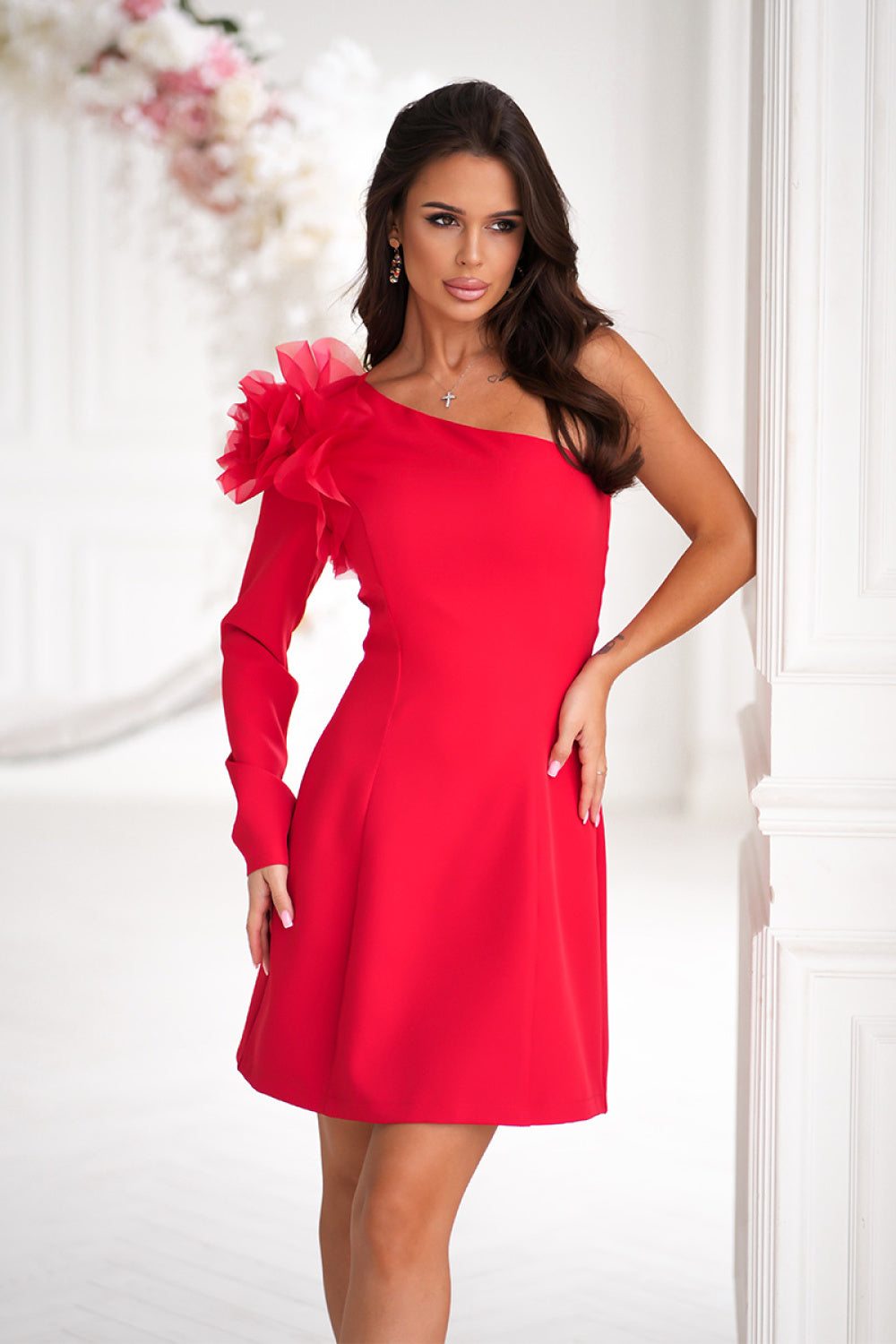 Bicotone Red Mini Floral Evening Dress