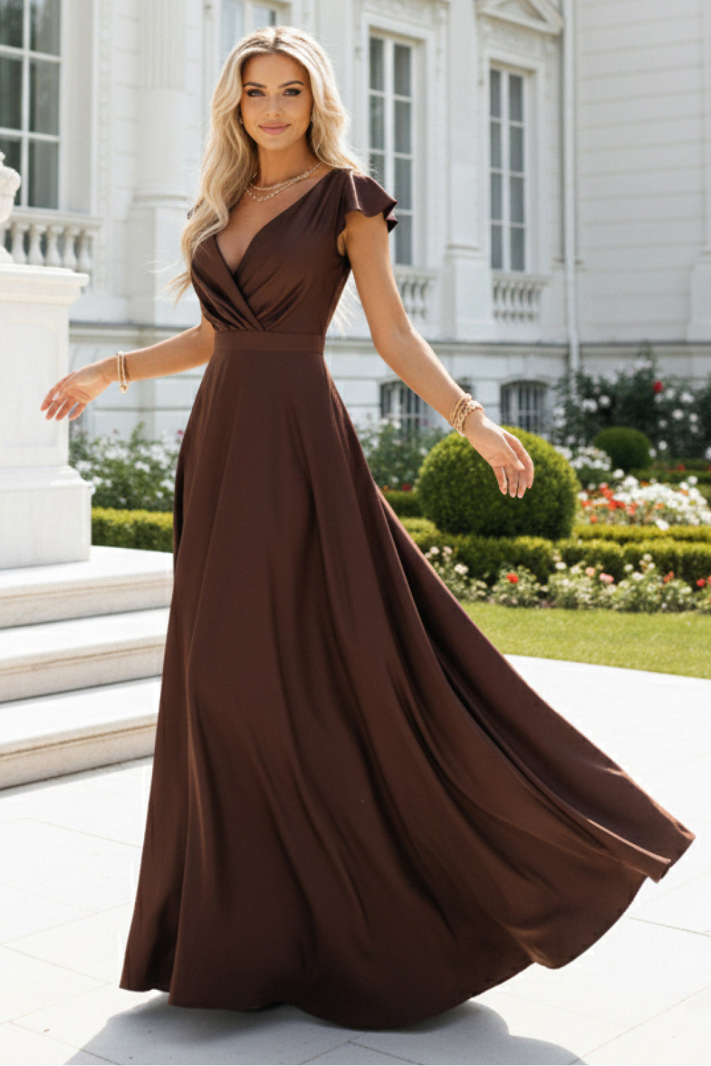 Numoco Crystal Chocolate Satin Wrap Maxi Dress - view 2