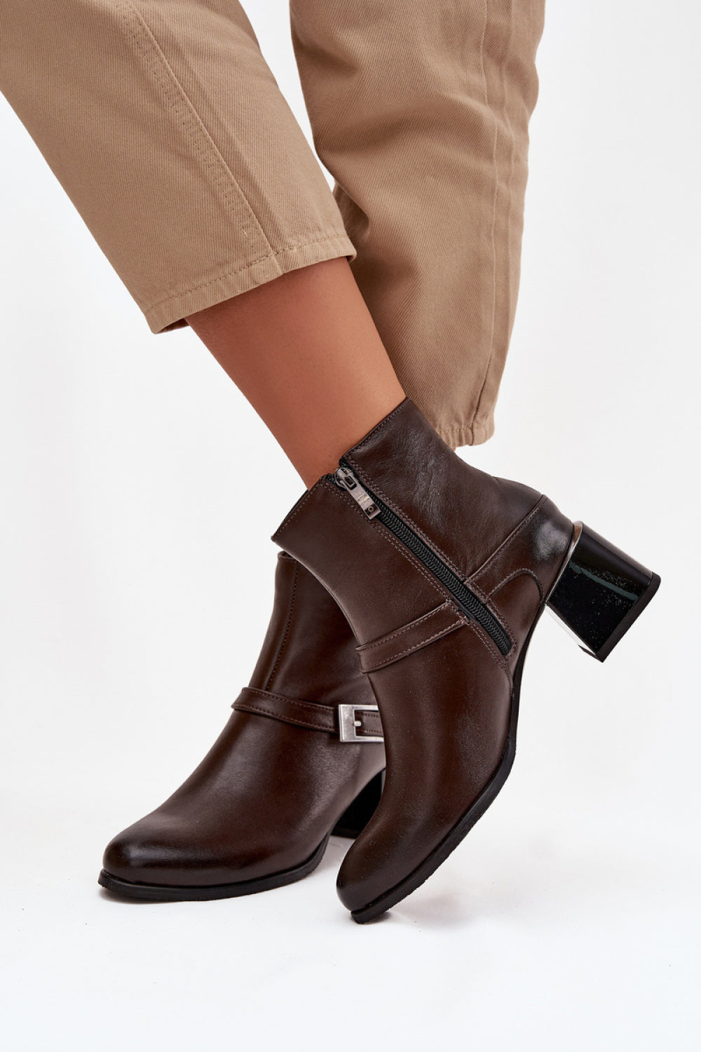 Step In Style Zazoo Chocolate Leather Block Heel Heeled Ankle Boots with Zip - view 3