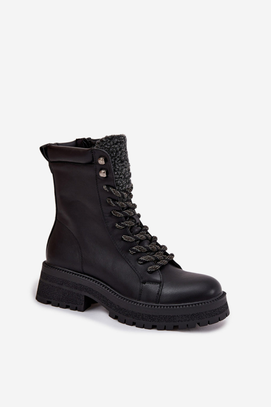 Step In Style Bellora Black Faux Leather Lace Up Hiking Style Boots