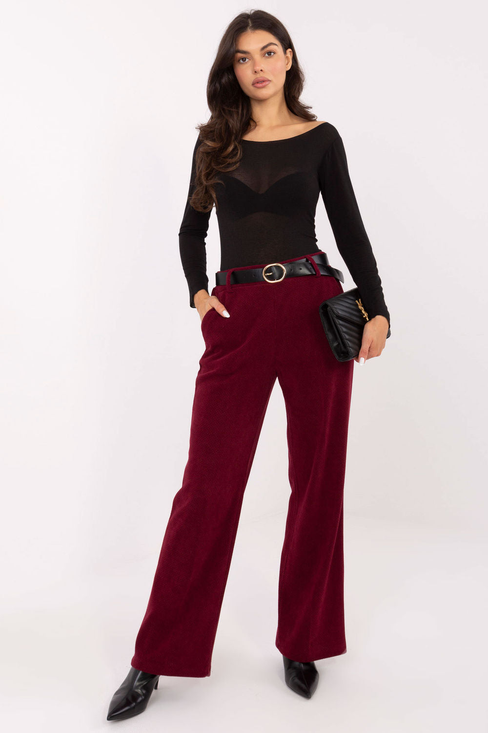 Italy Moda Burgundy Wide Leg High Waisted Corduroy Trousers