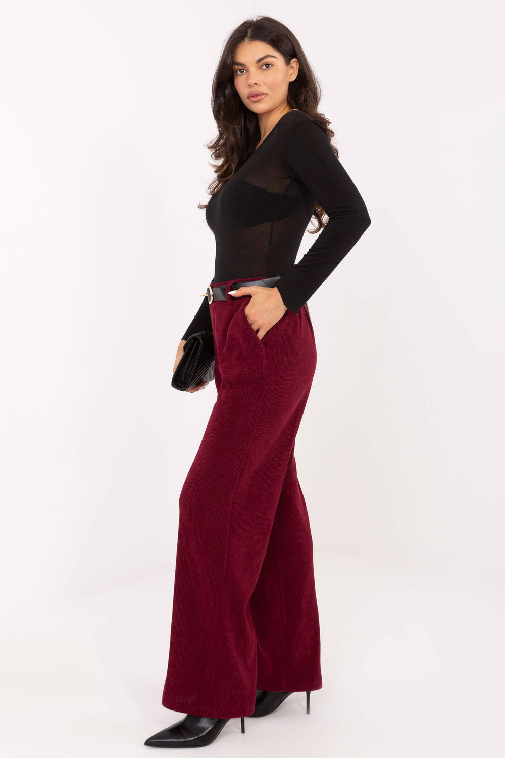 Italy Moda Burgundy Wide Leg High Waisted Corduroy Trousers - view 2