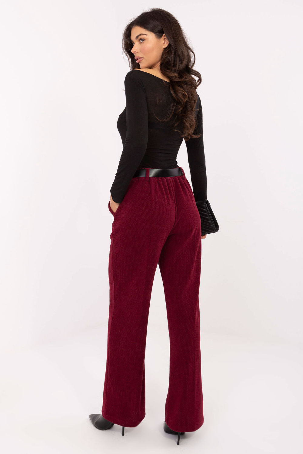 Italy Moda Burgundy Wide Leg High Waisted Corduroy Trousers - view 3