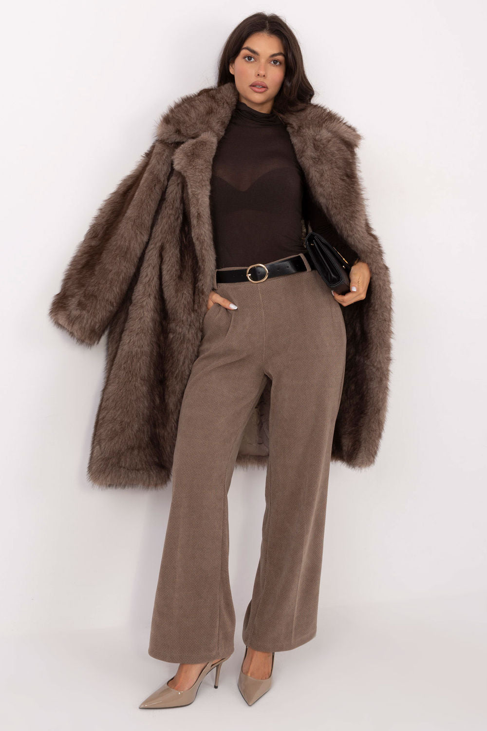 Italy Moda Dark Beige Wide Leg High Waisted Corduroy Trousers