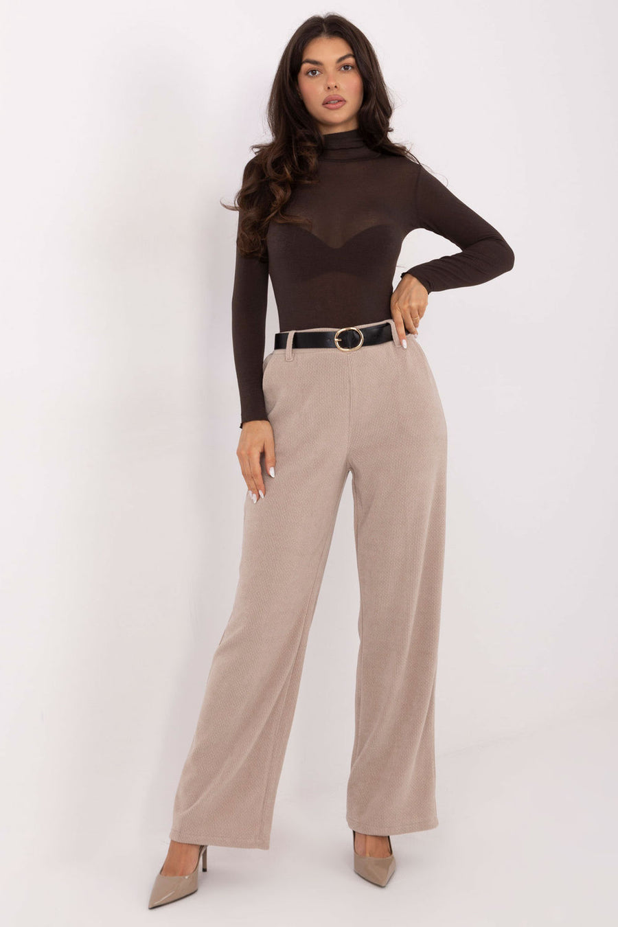 Italy Moda Beige Wide Leg High Waisted Corduroy Trousers