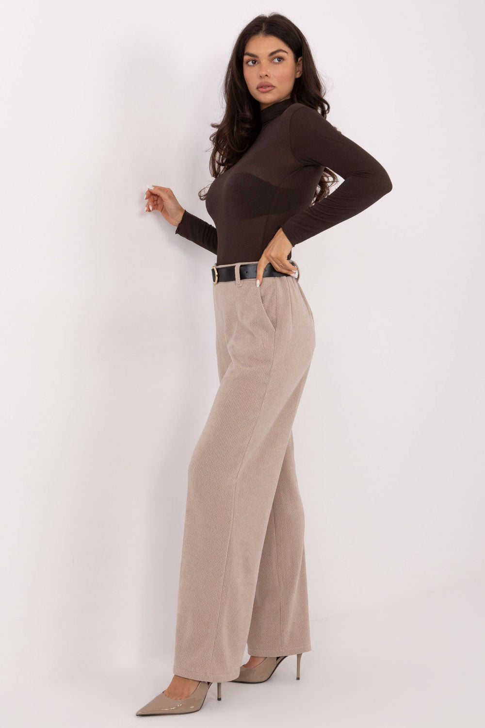 Italy Moda Beige Wide Leg High Waisted Corduroy Trousers - view 2