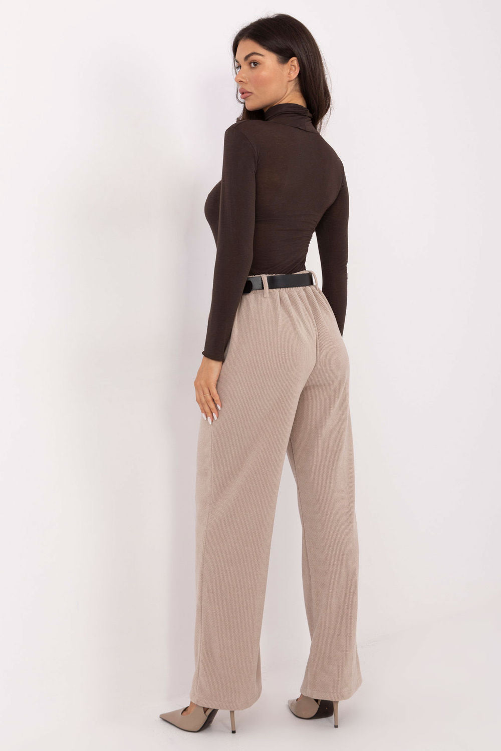Italy Moda Beige Wide Leg High Waisted Corduroy Trousers - view 3