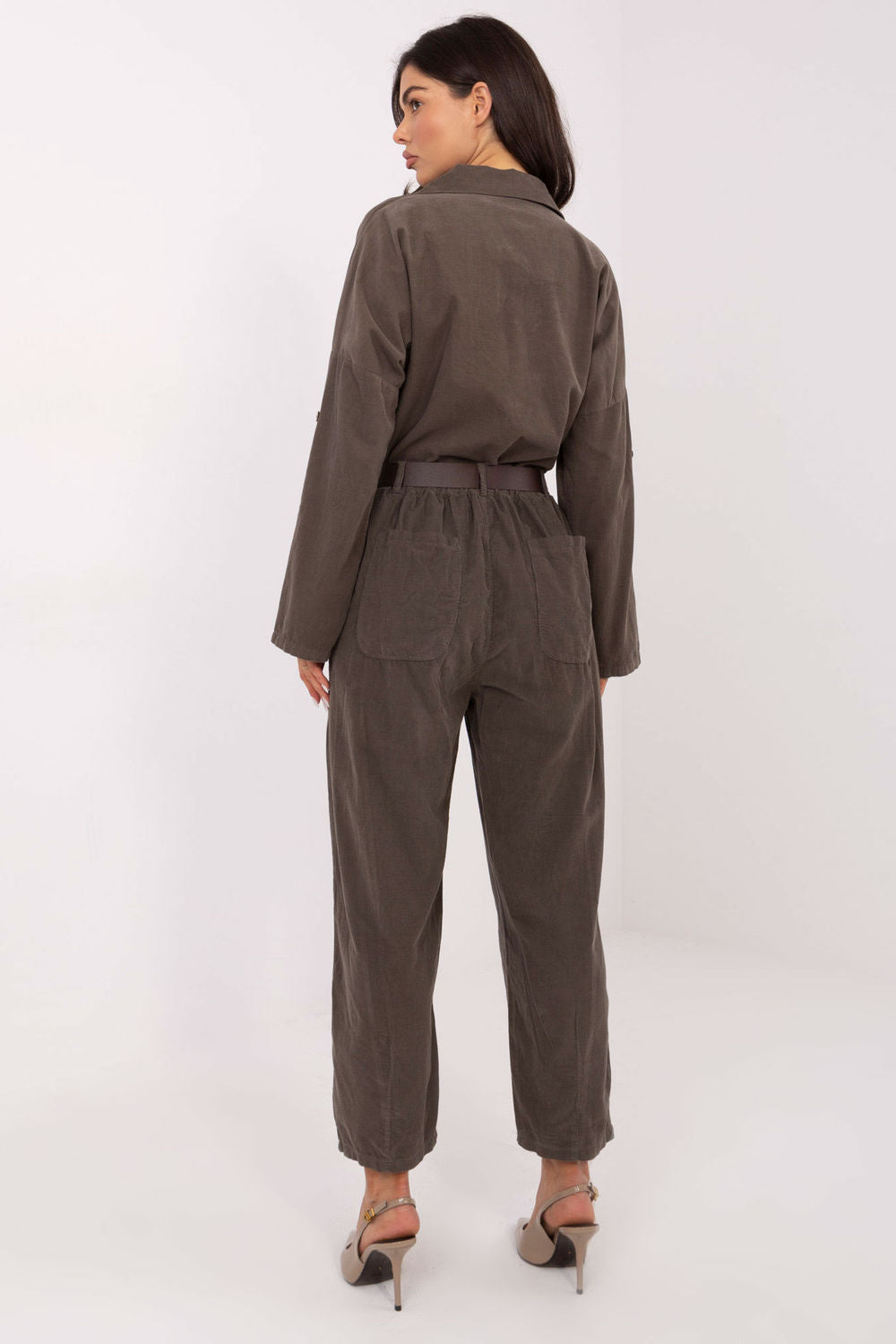 Italy Moda Dark Khaki Wide Leg High Waisted Corduroy Trousers - view 2