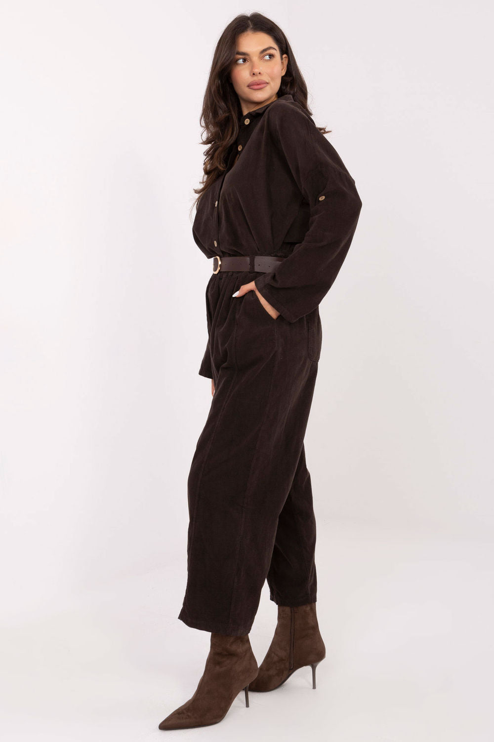 Italy Moda Dark Brown Loose Fit Wide Leg High Waisted Corduroy Trousers - view 2