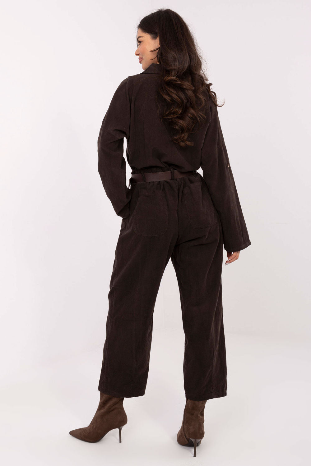 Italy Moda Dark Brown Loose Fit Wide Leg High Waisted Corduroy Trousers - view 3