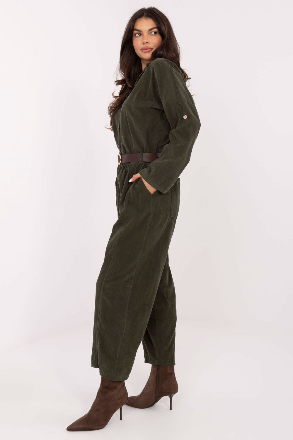 Italy Moda Khaki Loose Fit Wide Leg High Waisted Corduroy Trousers - view 2