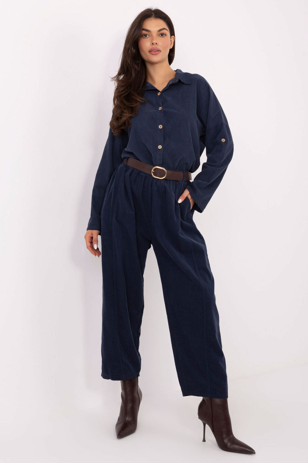 Italy Moda Dark Blue Wide Leg High Waisted Corduroy Trousers
