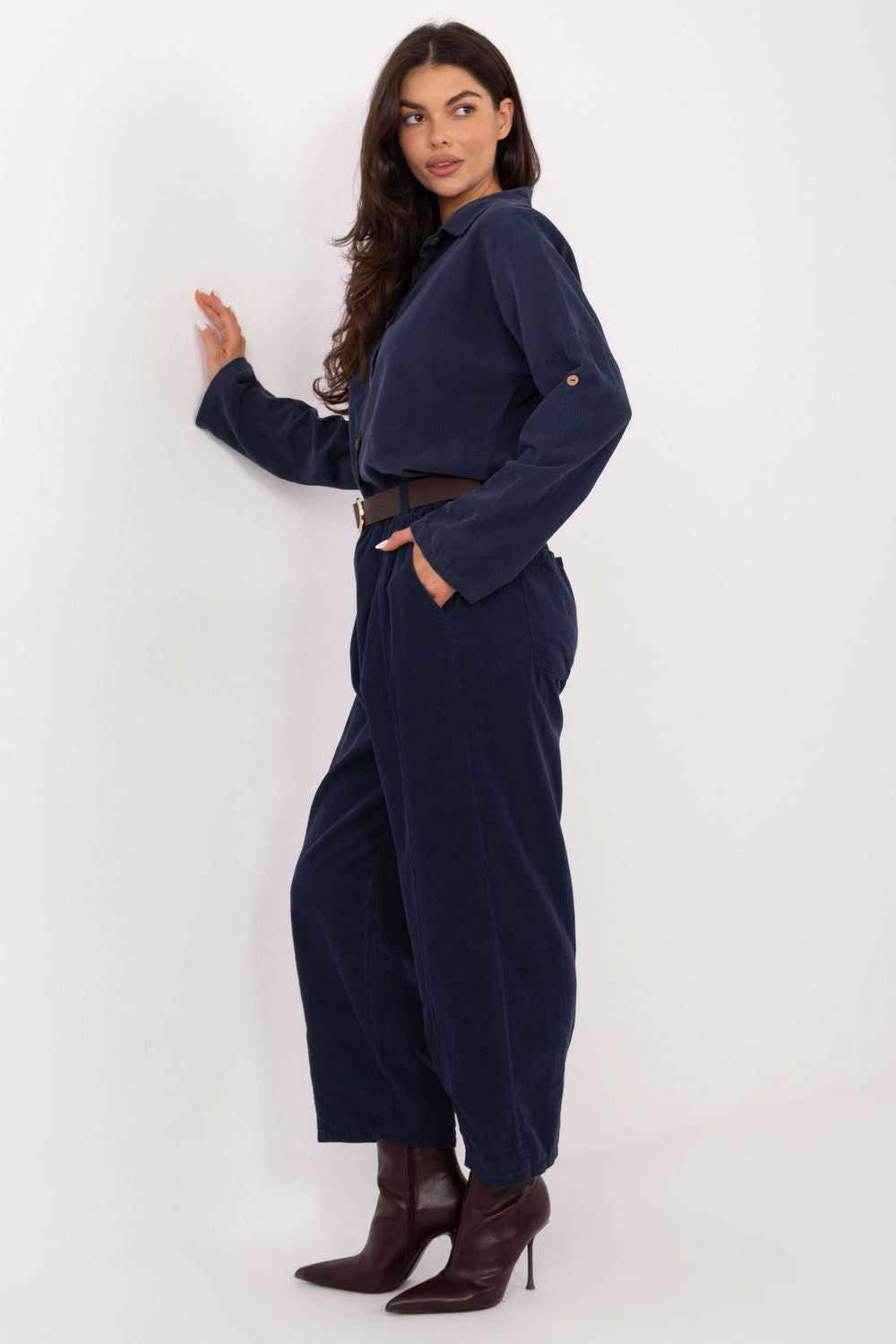 Italy Moda Dark Blue Wide Leg High Waisted Corduroy Trousers - view 2